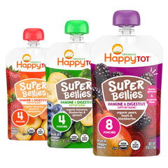 HAPPYTOT frente del empaque Super Bellies, presentación clara y beneficios orgánicos