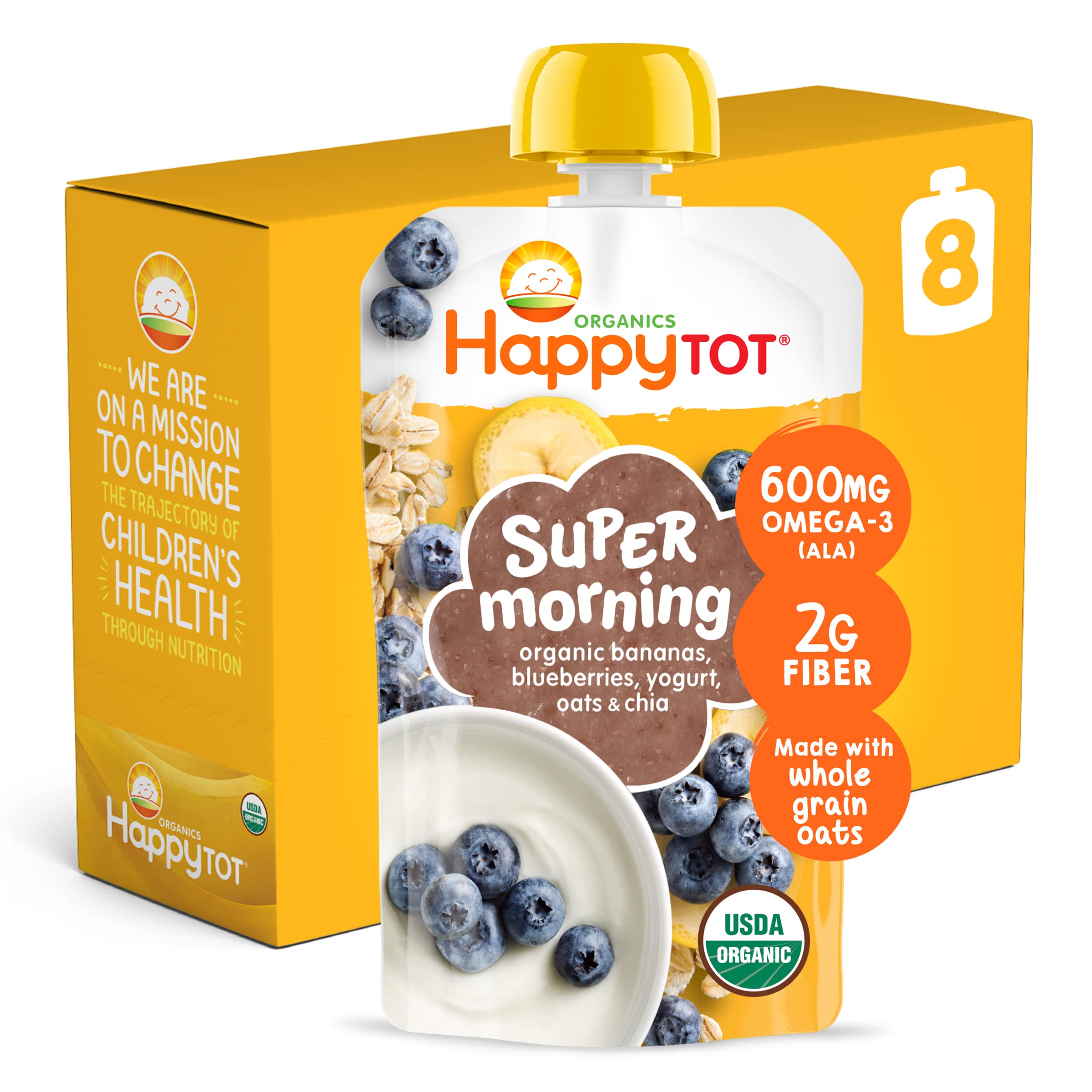 HAPPYTOT empaque frontal mostrando sabor Super Morning y beneficio orgánico