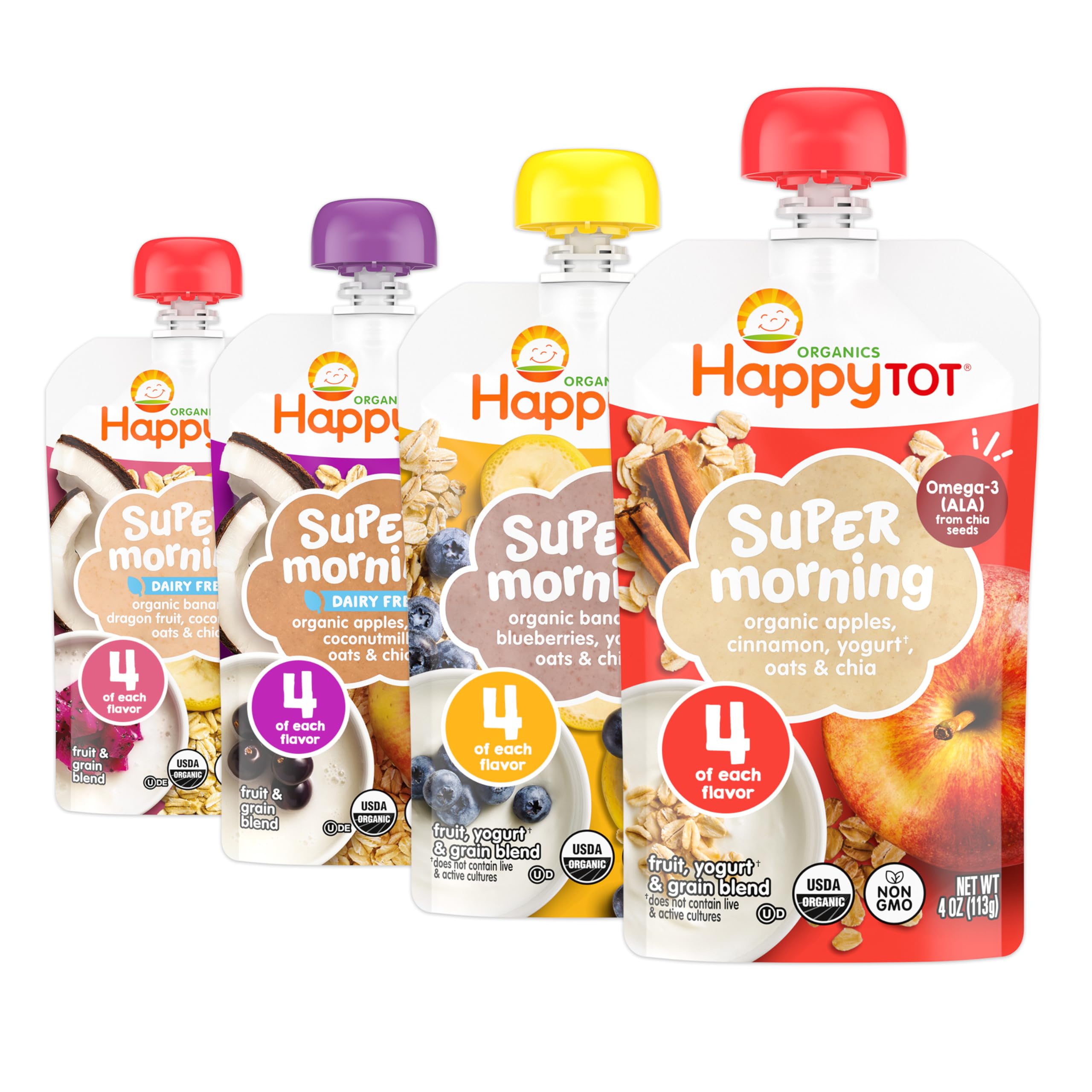 HAPPYTOT pouch frontal del pack Super Morning mostrando etiqueta orgánica y porción práctica
