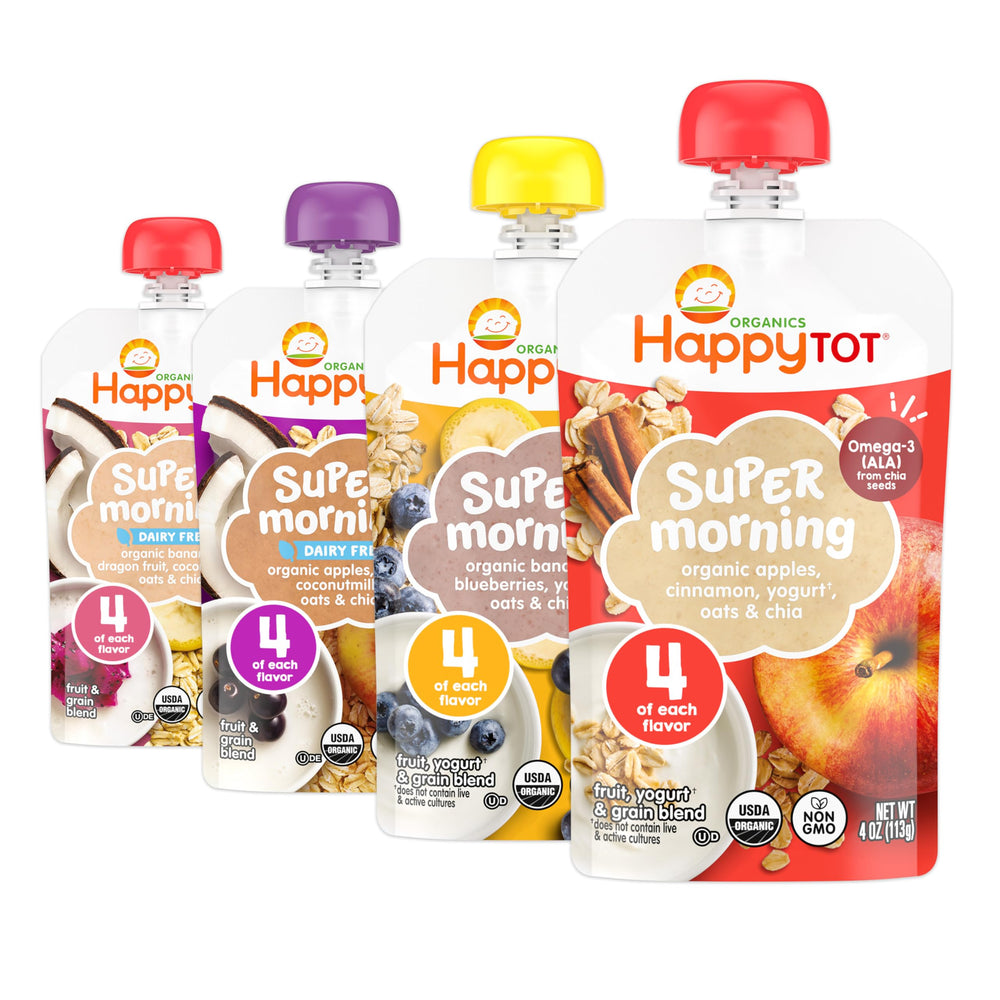 HAPPYTOT pouch frontal del pack Super Morning mostrando etiqueta orgánica y porción práctica