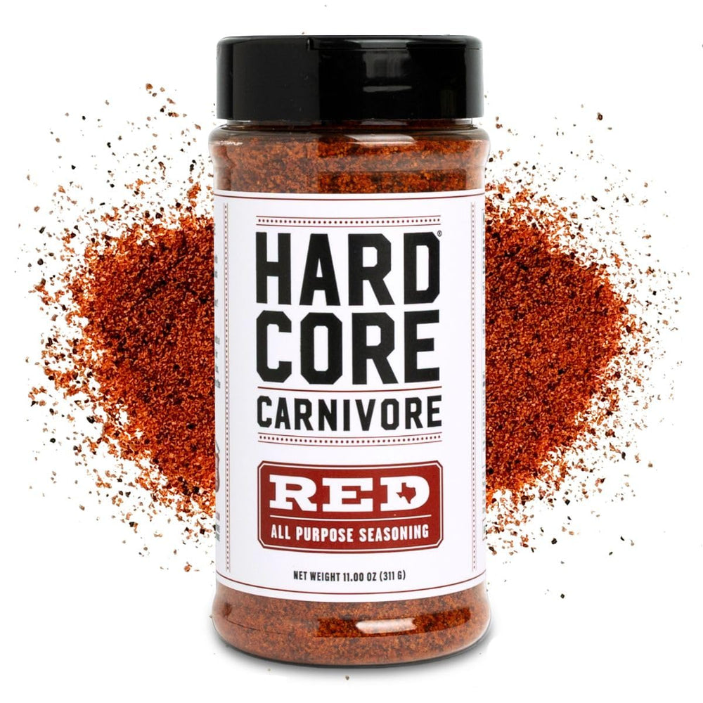 Hardcore Carnivore Red frente del envase mostrando tamaño y diseño, ideal para parrilla