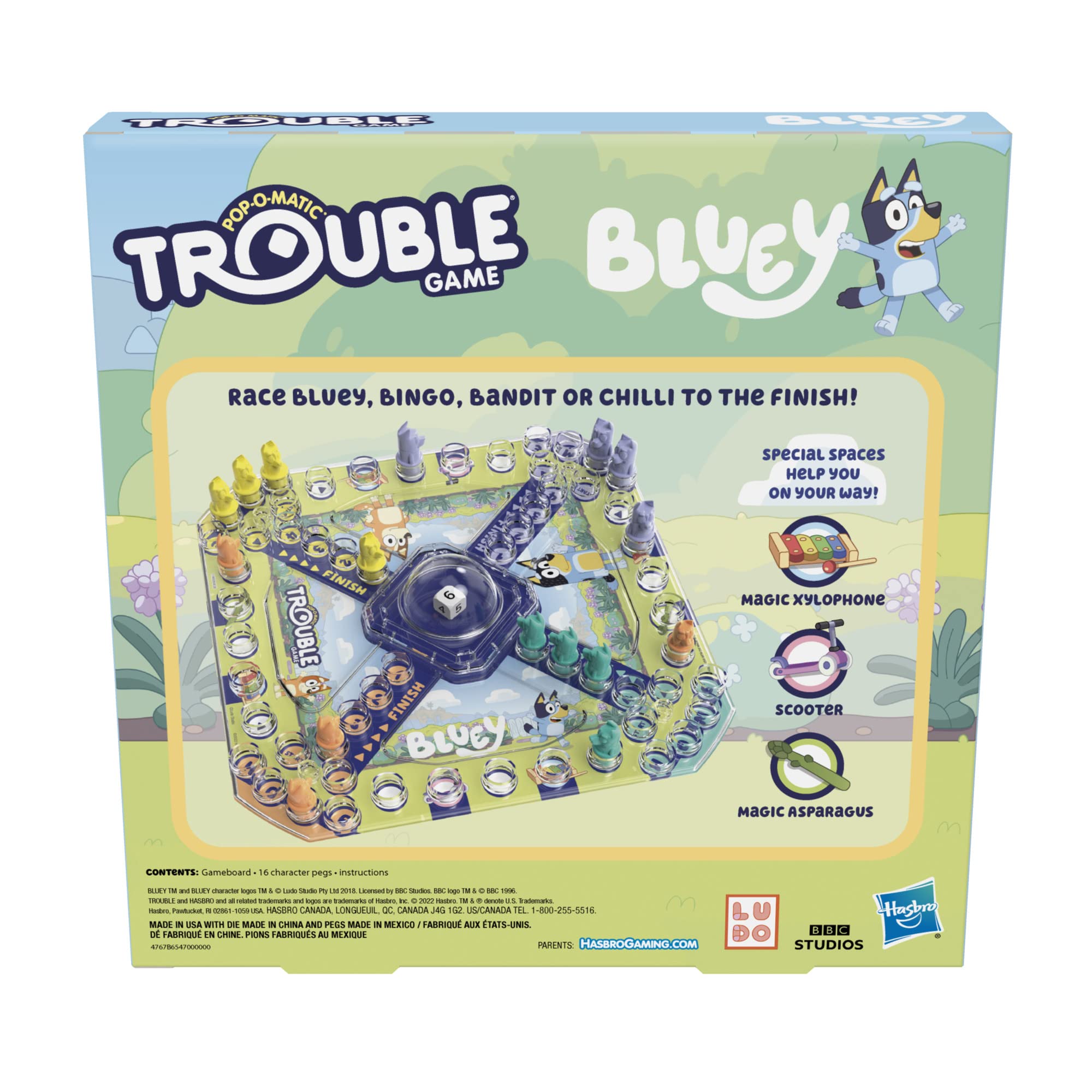 Hasbro Gaming tablero abierto con arte de Bluey y casillas interactivas