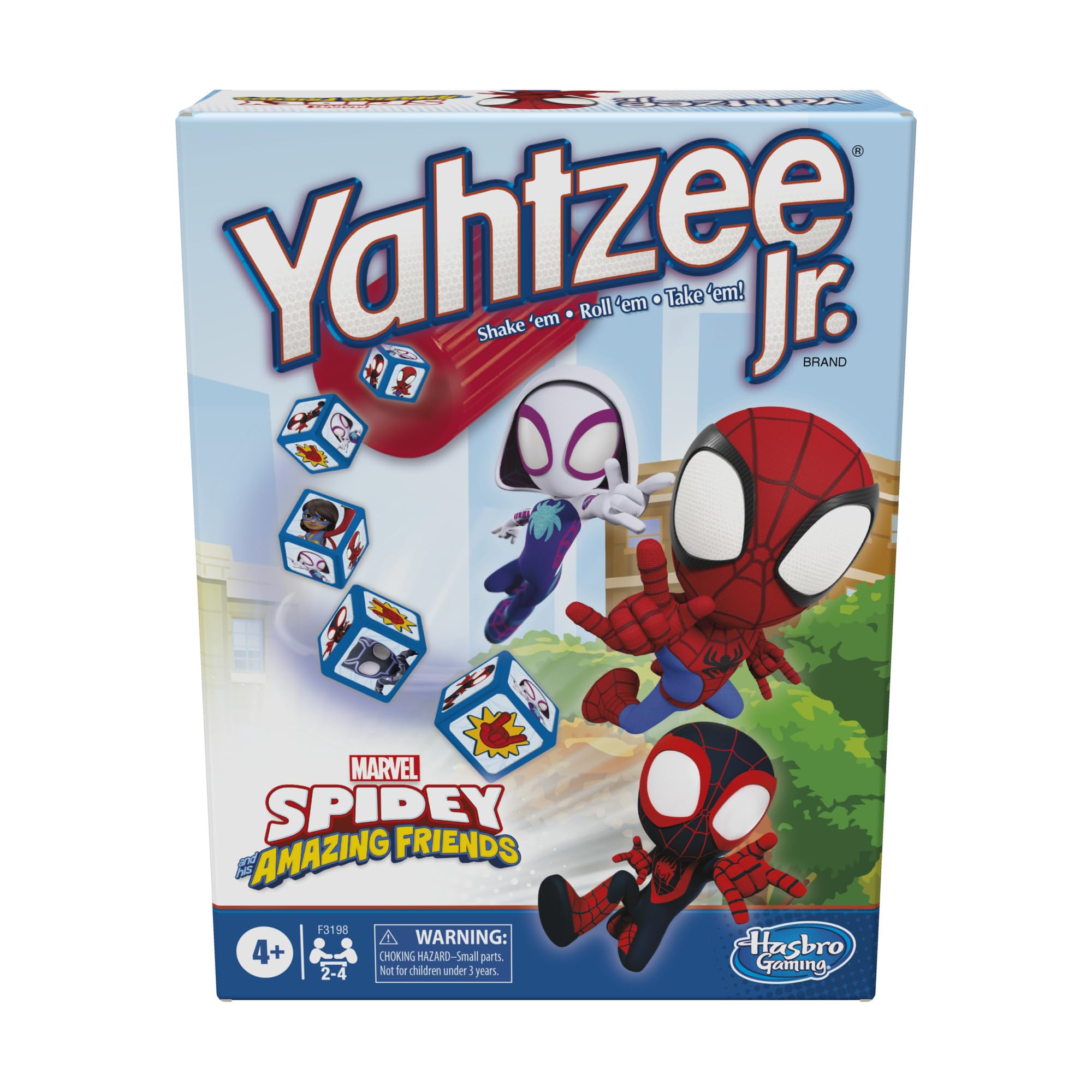 Hasbro Gaming caja frontal del juego Yahtzee Jr. con arte Marvel y atractivo visual