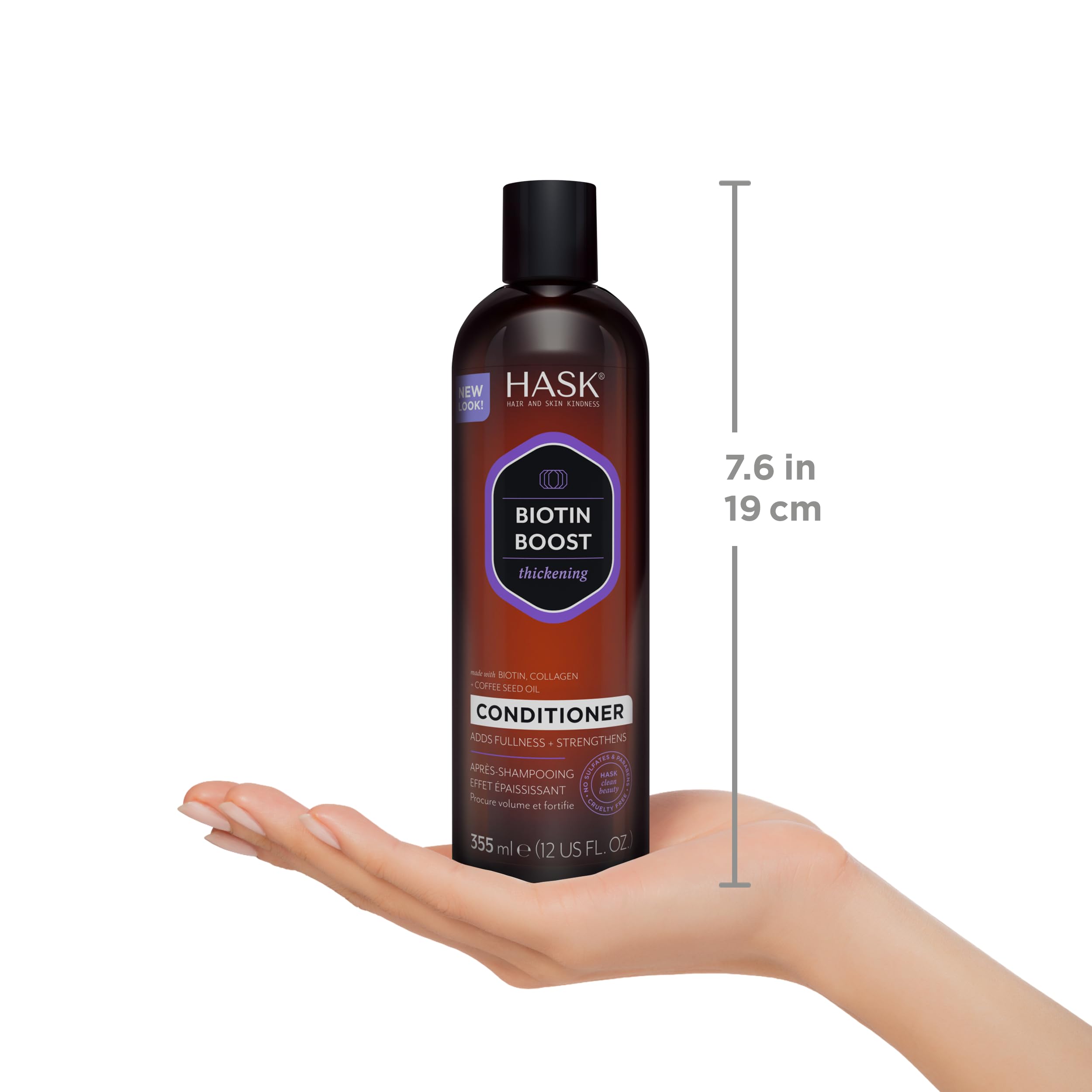 HASK comparación de los frascos junto a una mano para referencia de tamaño