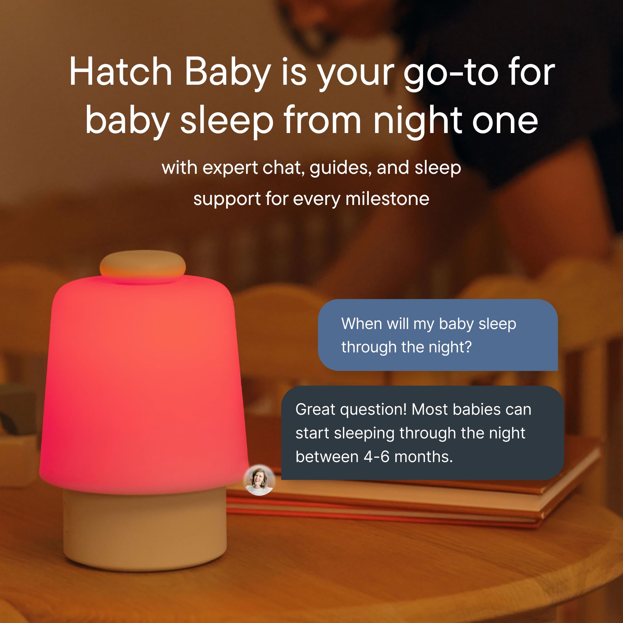 Hatch Baby emitiendo luz suave y sonido en habitación, mejora ambiente de sueño