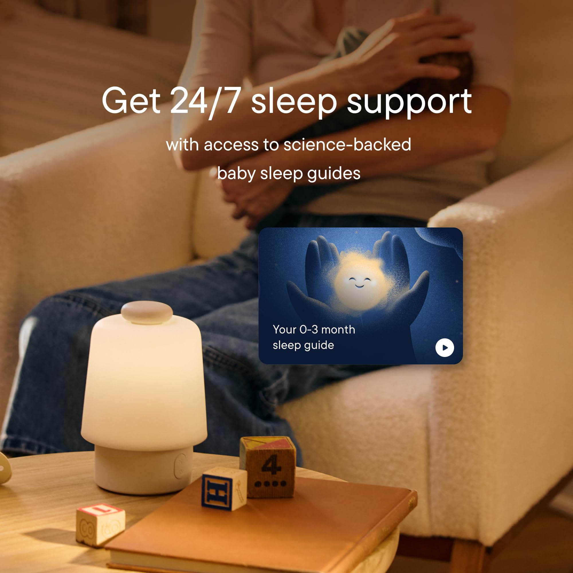 Hatch Baby pantalla de app con opciones de sonido y guías instantáneas