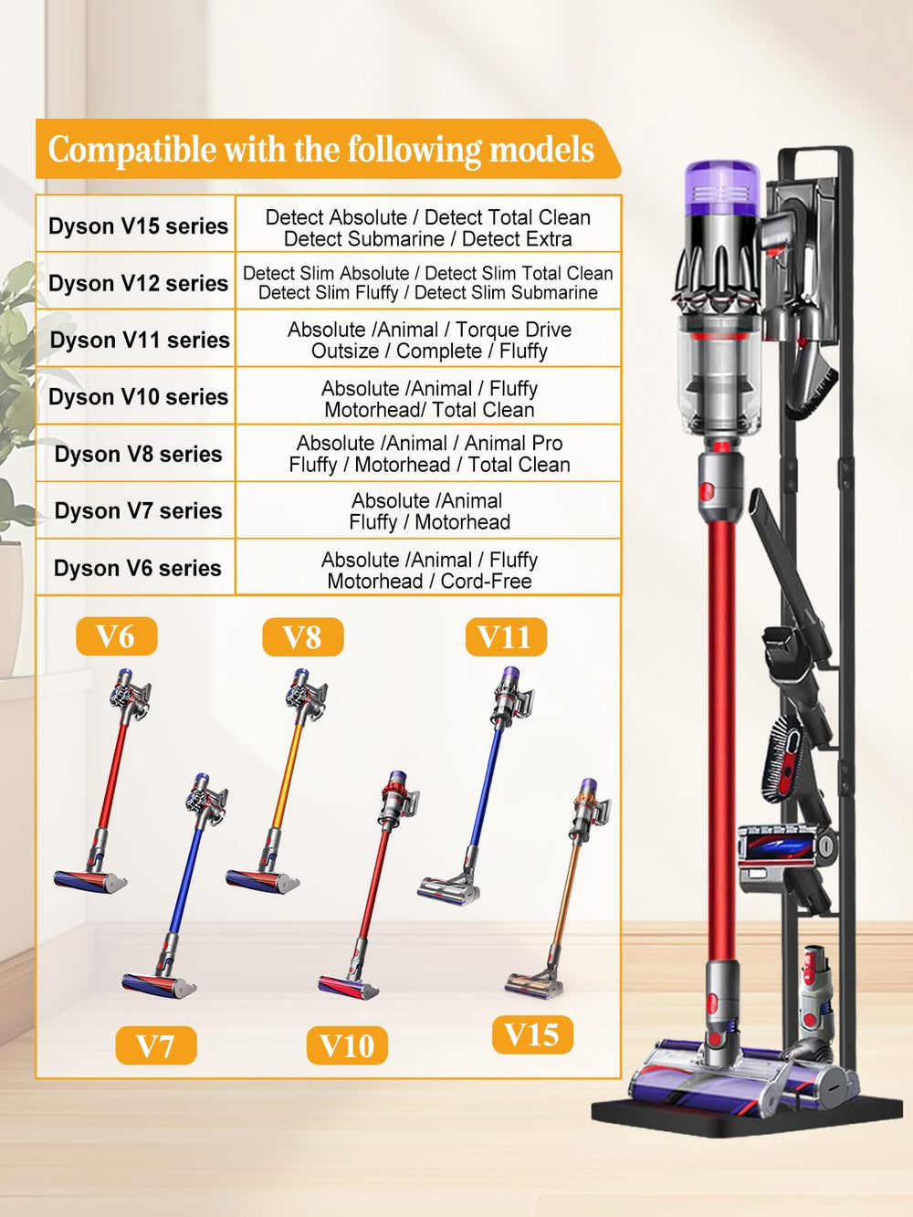 Haturi sosteniendo boquillas y cepillos, organiza accesorios Dyson
