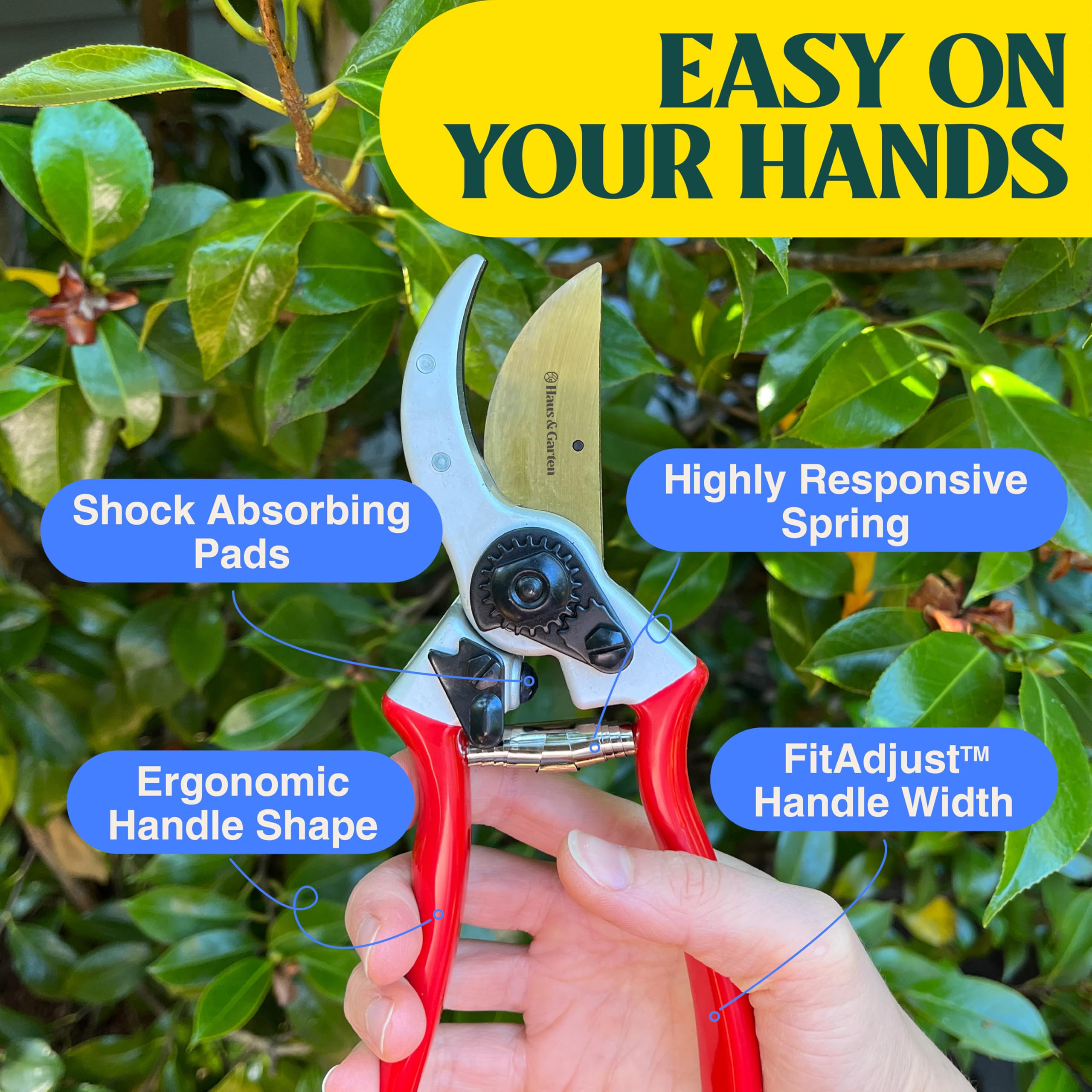 Haus & Garten shears trimming a rose stem showing precise clean-cut benefit