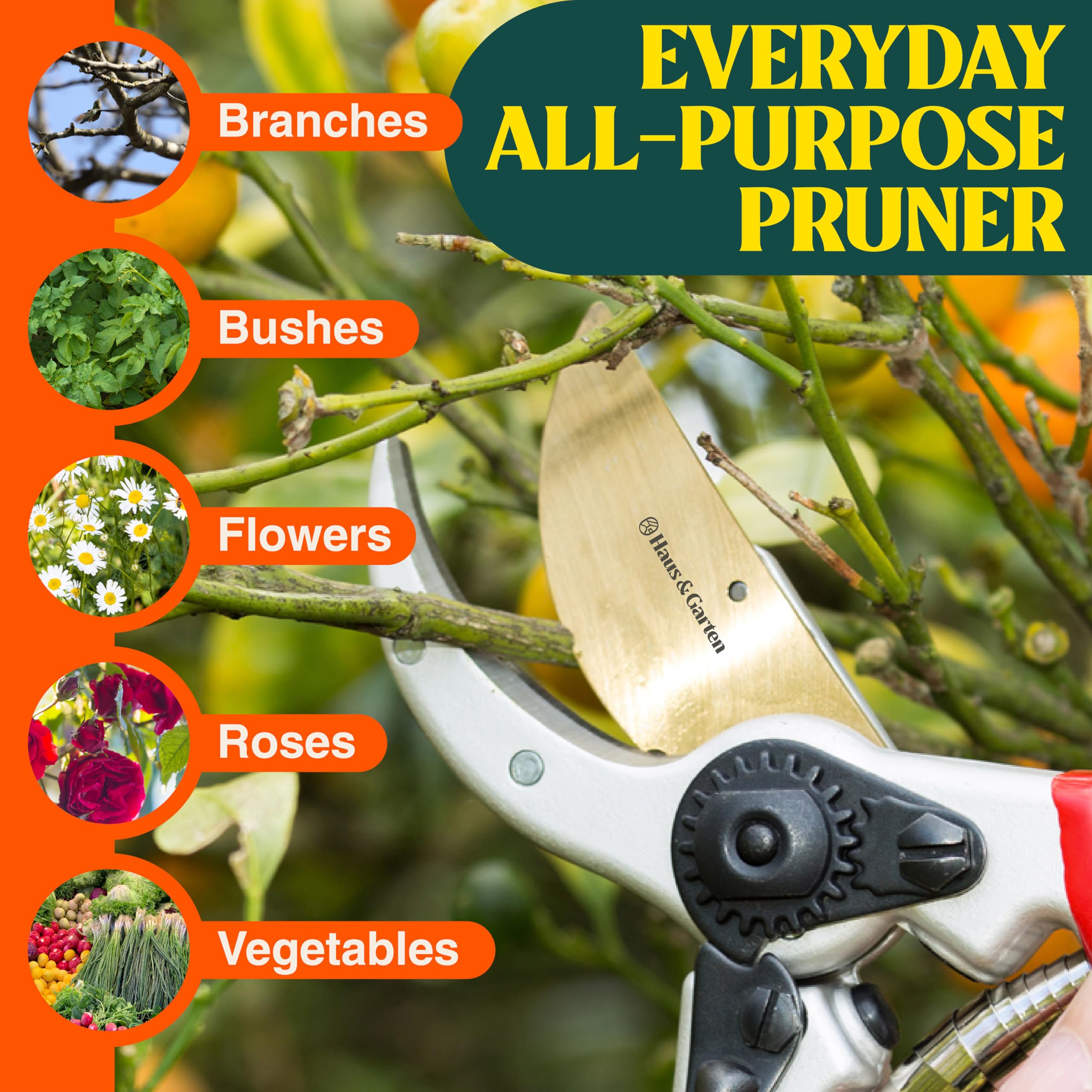 Haus & Garten shears beside a hand showing compact 8.5-inch size and control benefit