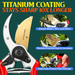 Haus & Garten titanium-coated blade close-up showing smooth, low-friction cut benefit