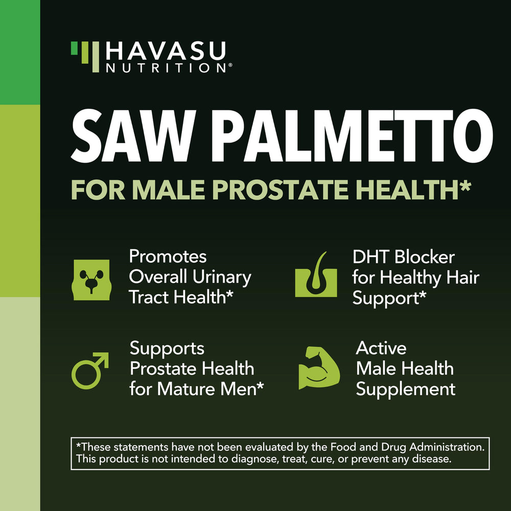BOTELLA abierta de HAVASU NUTRITION Saw Palmetto con cápsulas visibles para uso diario
