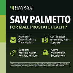 BOTELLA abierta de HAVASU NUTRITION Saw Palmetto con cápsulas visibles para uso diario