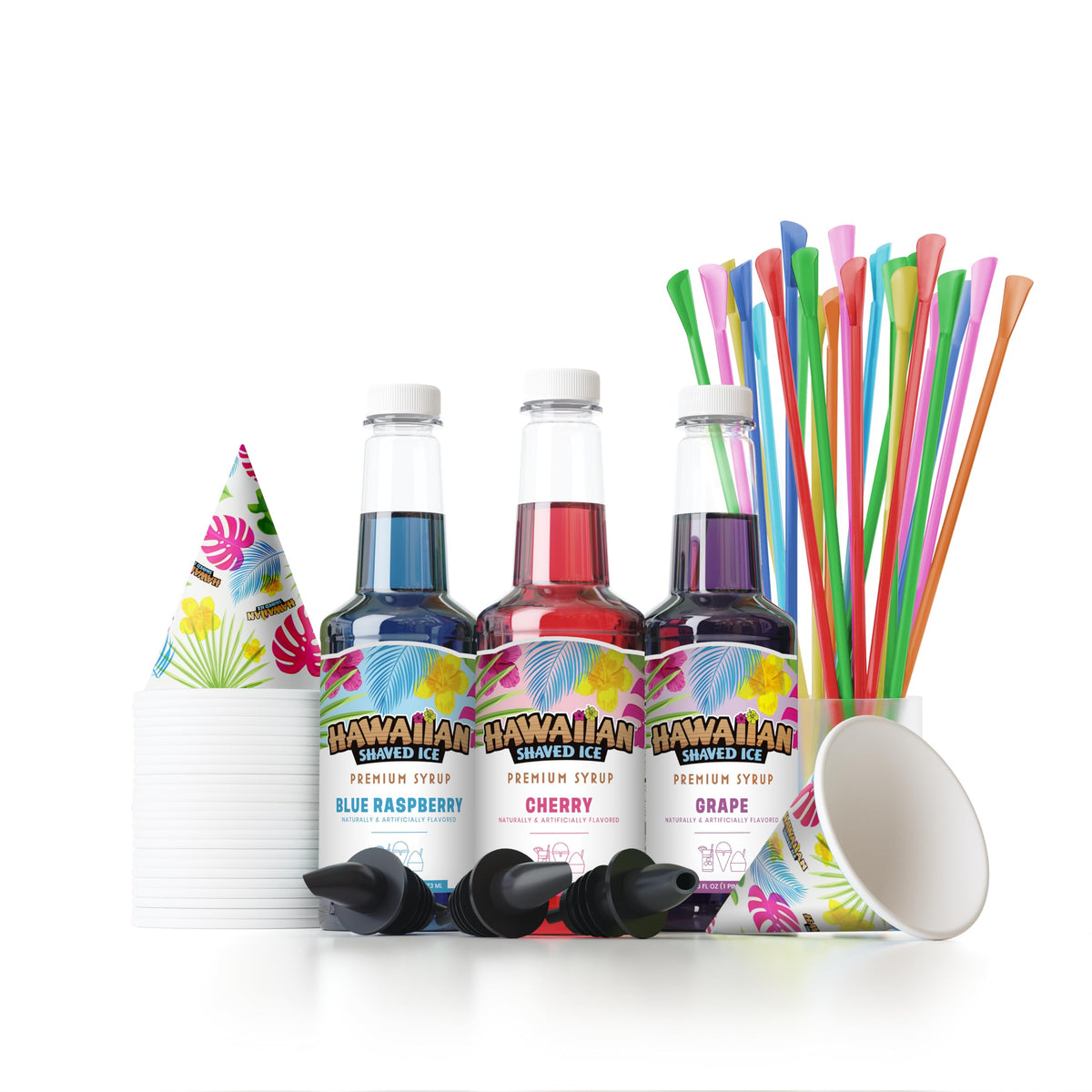 Hawaiian Shaved Ice paquete frontal con botellas y accesorios listo para fiestas
