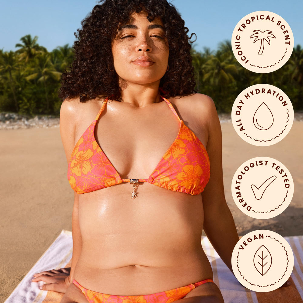 Hawaiian Tropic comparación de tamaño con una botella de agua para referencia de volumen