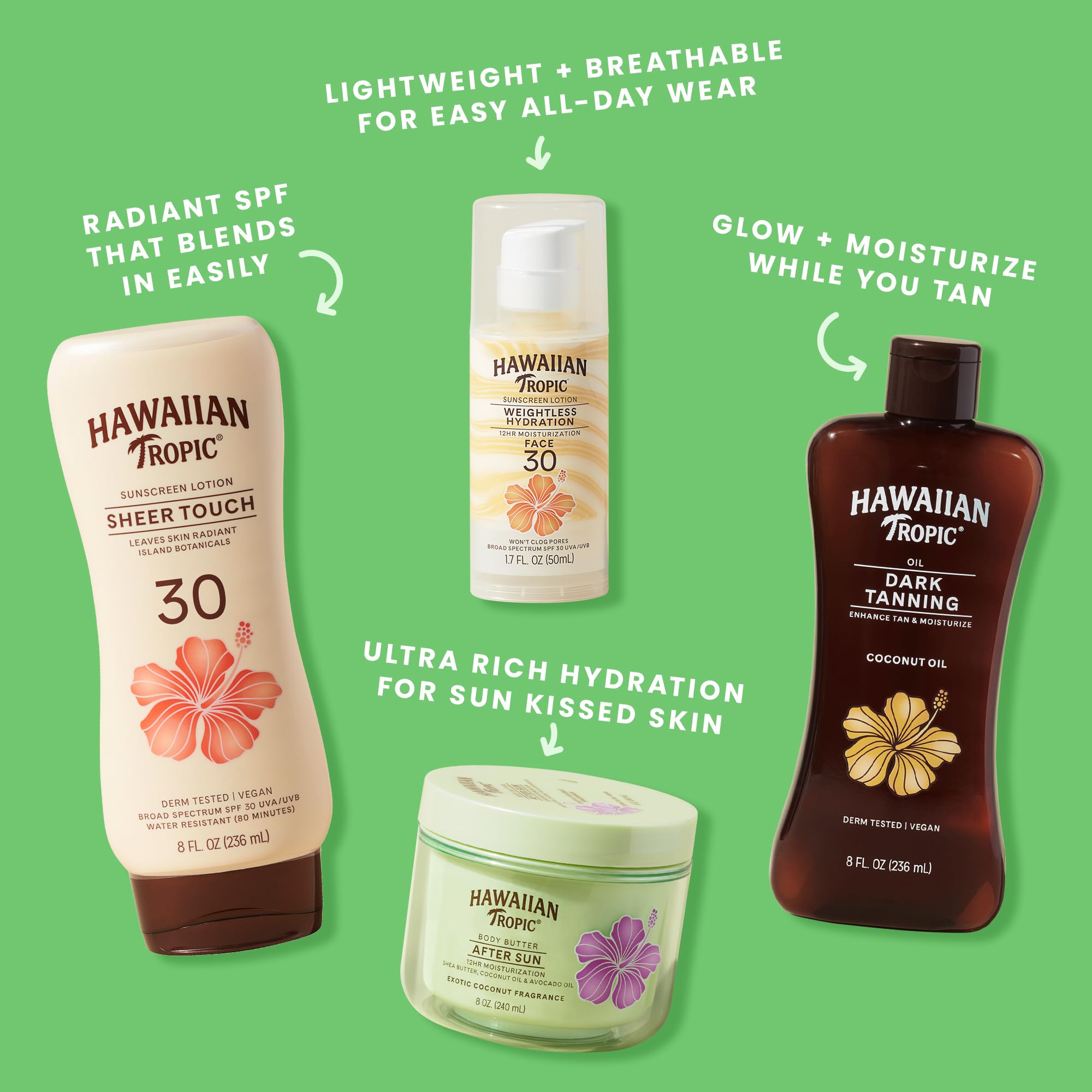 Hawaiian Tropic etiqueta con ingredientes naturales que resalta aloe y mantecas