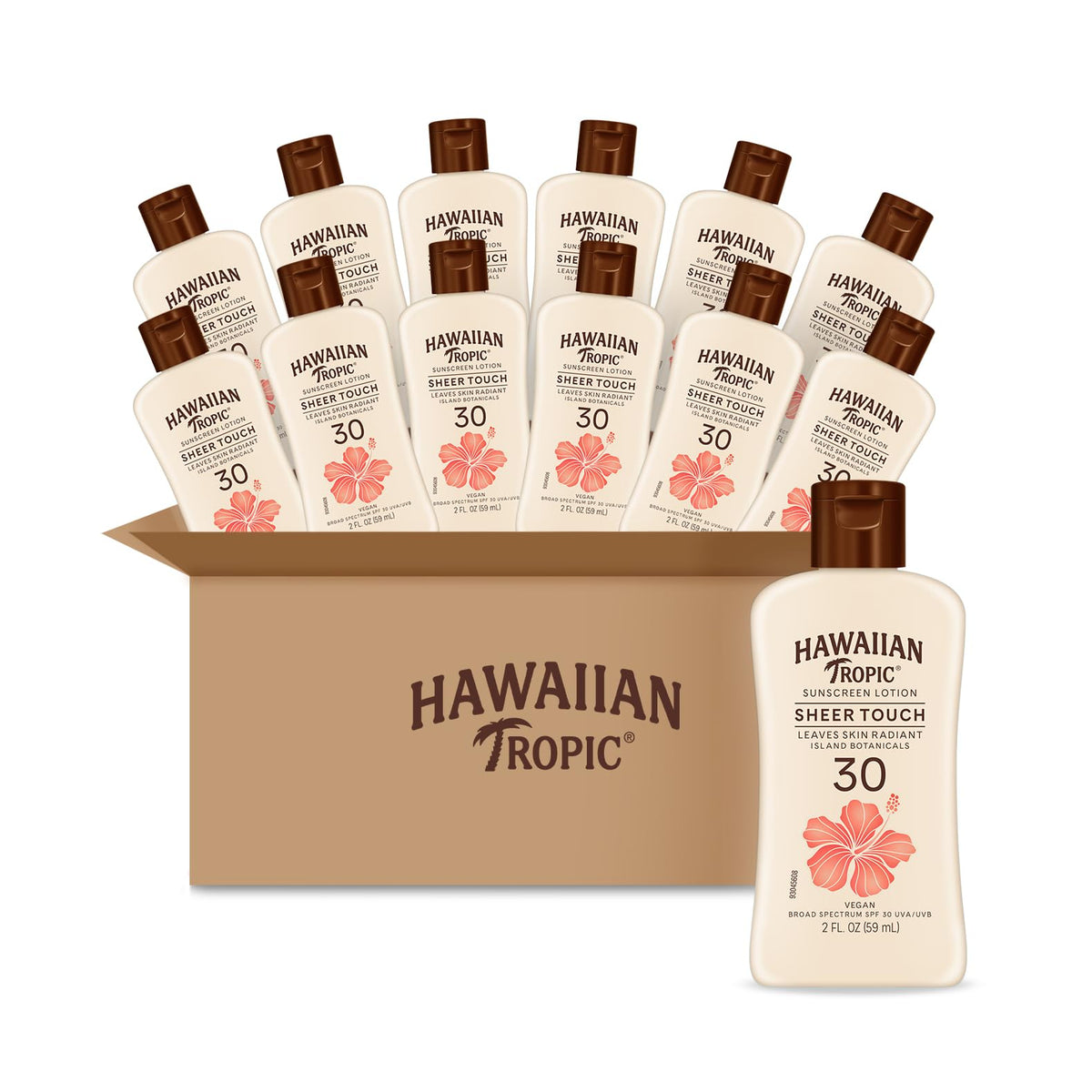 Hawaiian Tropic frente del envase mostrando diseño y tamaño práctico