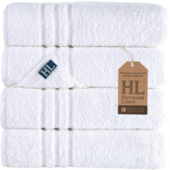 Hawmam Linen frente del paquete con 4 toallas blancas, apariencia premium