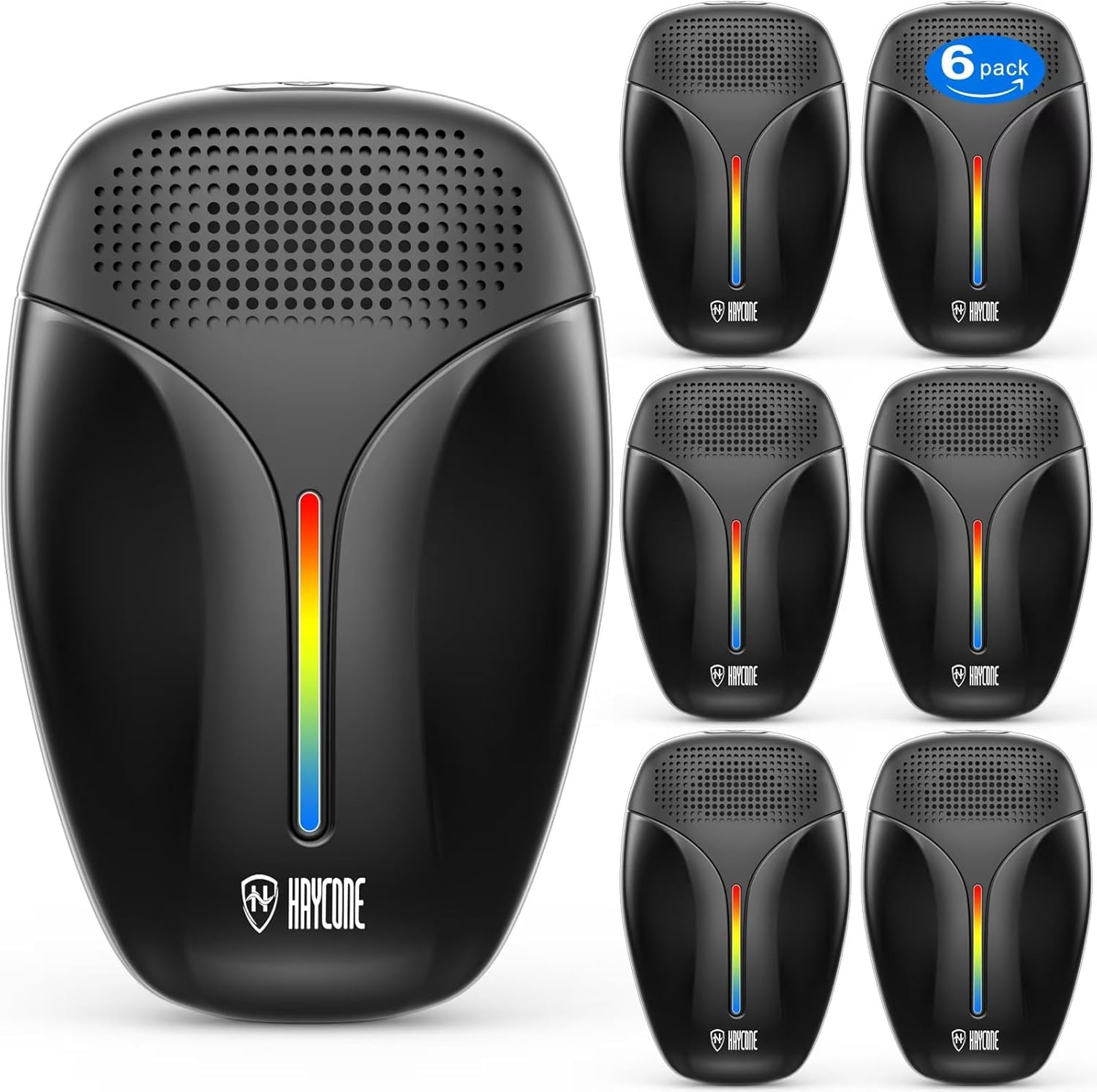 Haycone frontal del kit de seis unidades mostrando diseño compacto y enchufe integrado
