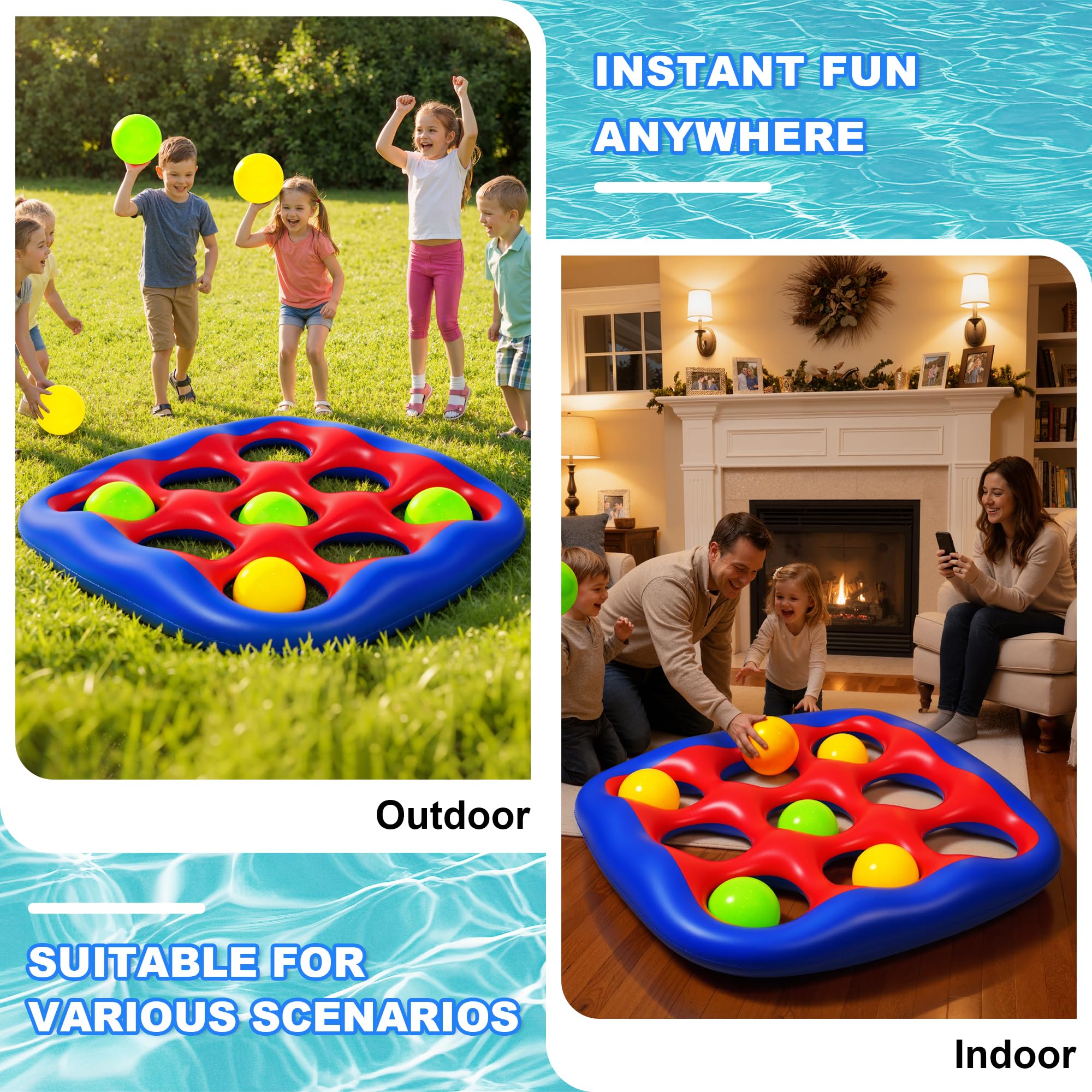 Hayiwel family playing the inflatable tic-tac-toe in a backyard pool for group fun