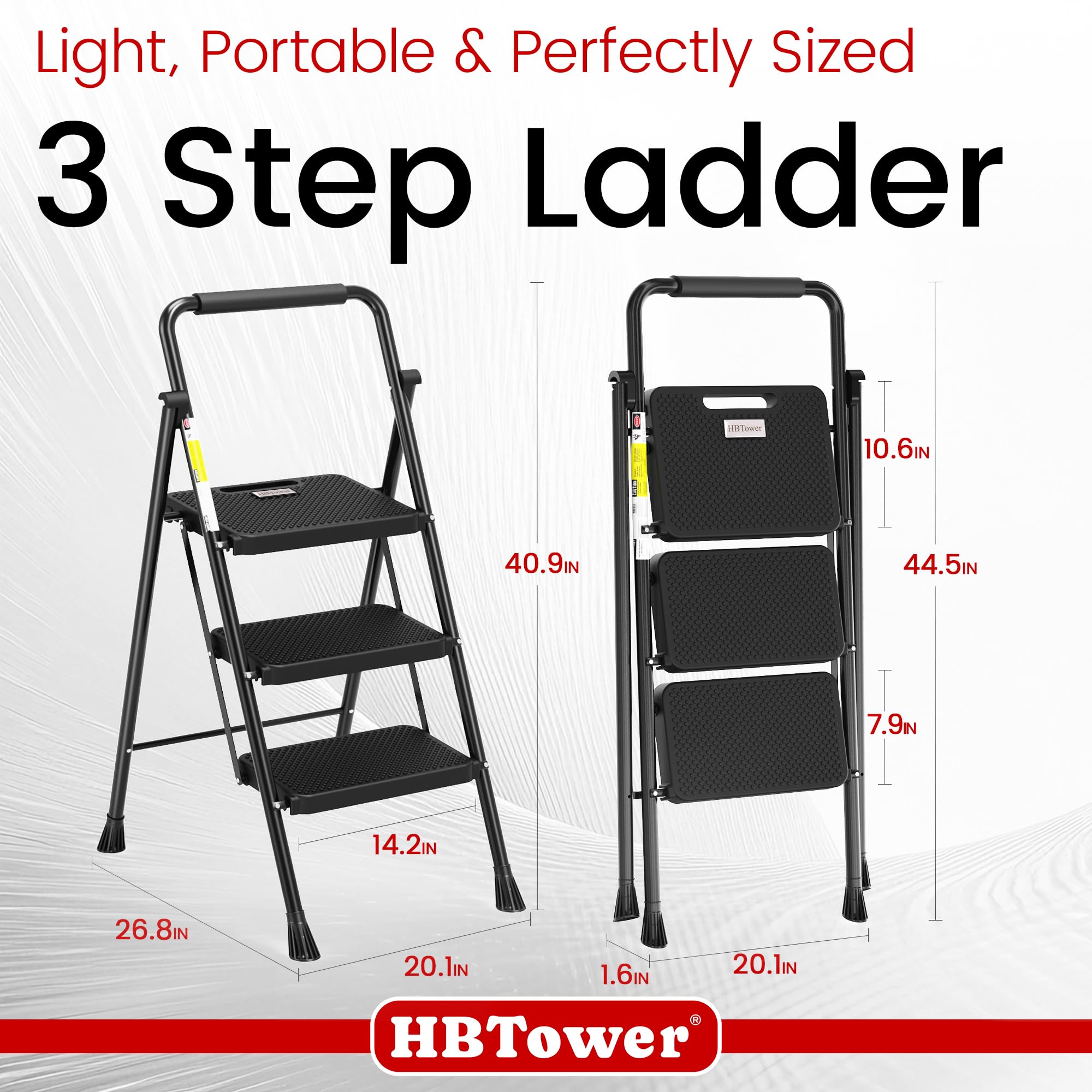 HBTower escalera en uso doméstico alcanzando estantes altos con confianza