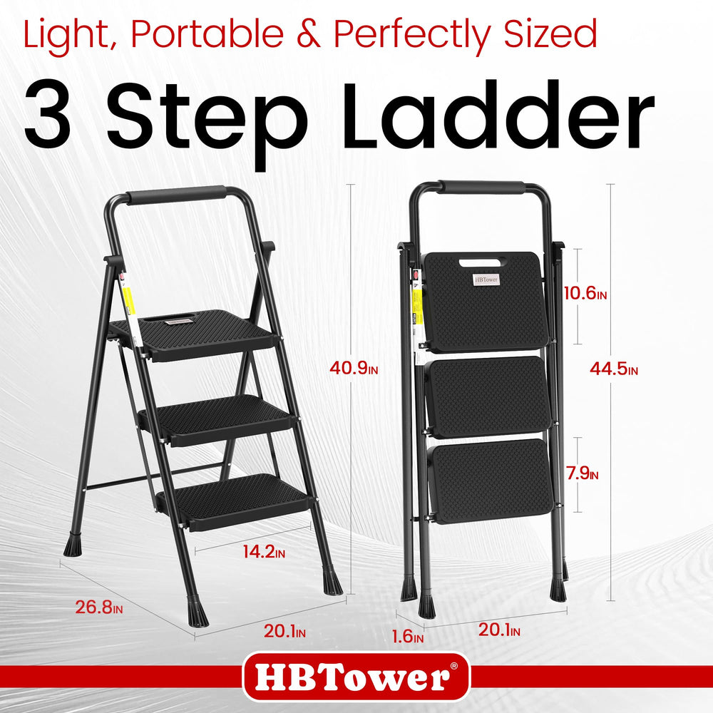 HBTower escalera en uso doméstico alcanzando estantes altos con confianza