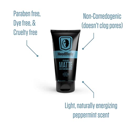 Comparación de tamaño del frasco HeadBlade HeadLube Matte de 5 oz junto a accesorios