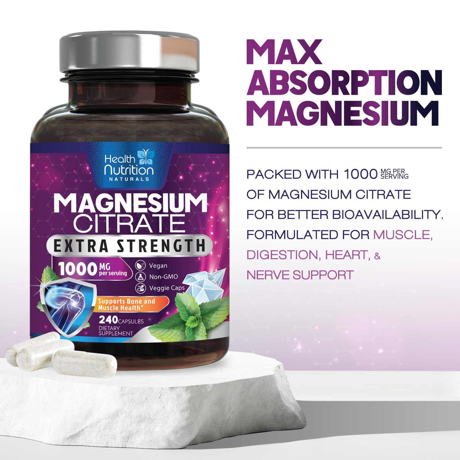 Health Nutrition Naturals frasco junto a mano para comparar tamaño y cantidad