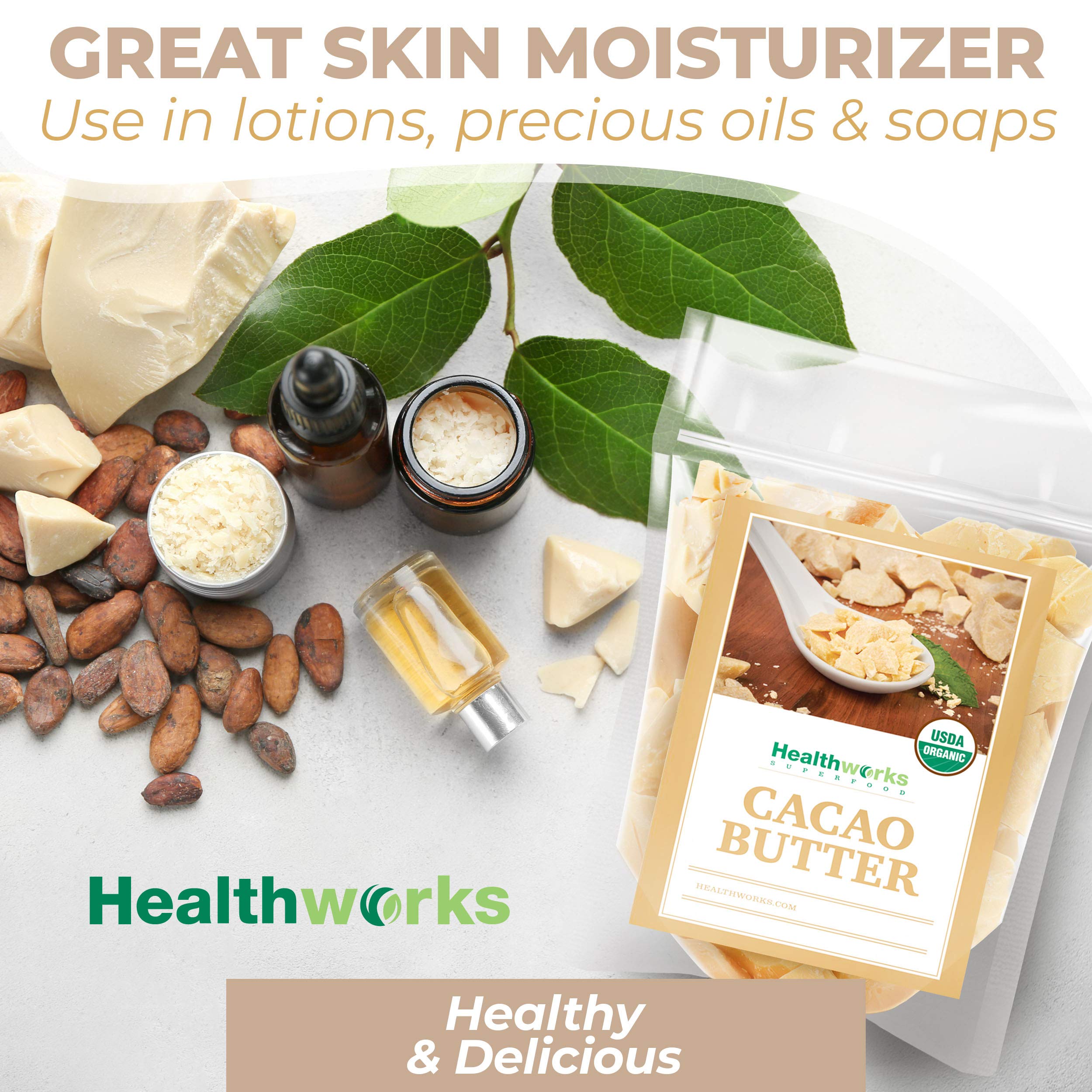 Healthworks manteca de cacao comparación tamaño en mano, práctico y económico