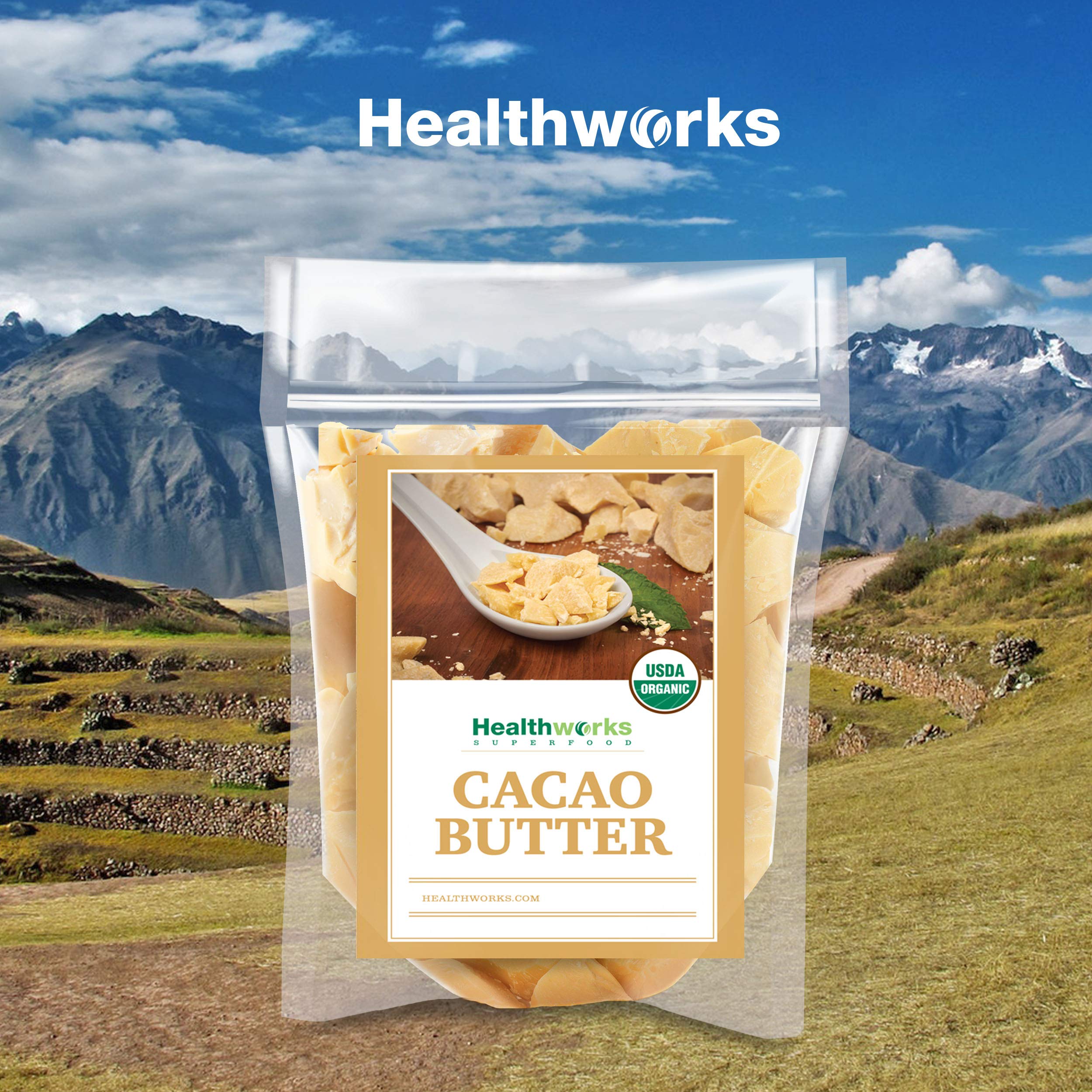 Healthworks manteca de cacao etiqueta orgánica visible, garantía de origen
