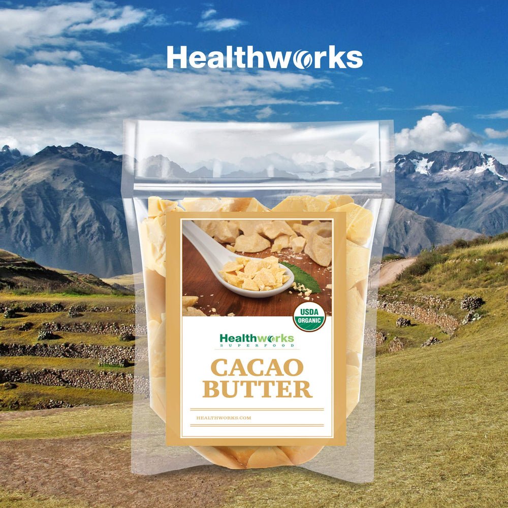 Healthworks manteca de cacao etiqueta orgánica visible, garantía de origen