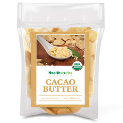 Healthworks manteca de cacao empaque frontal, ventaja orgánica y puro
