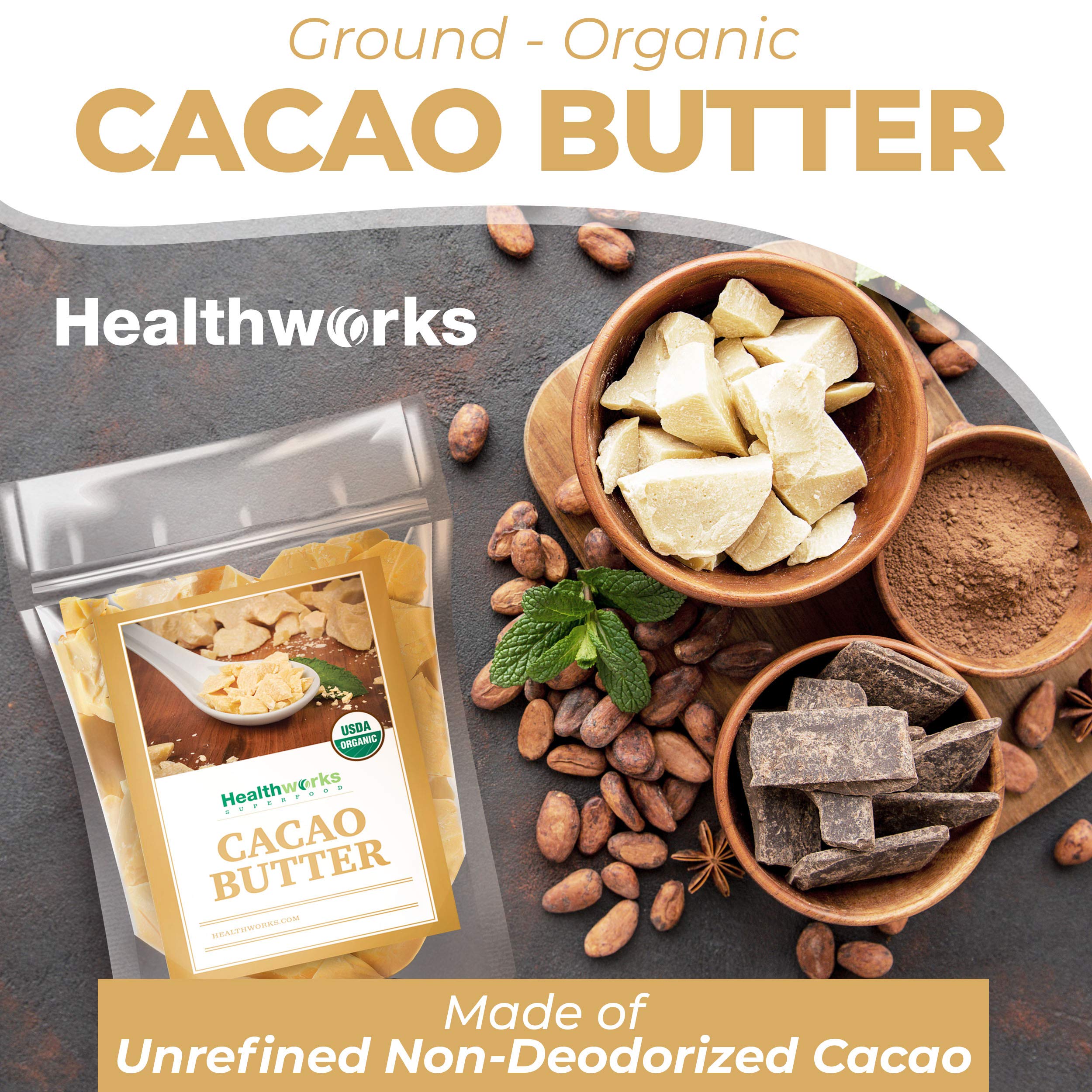 Healthworks manteca de cacao trozos sólidos en cuenco, facilidad de porcionado