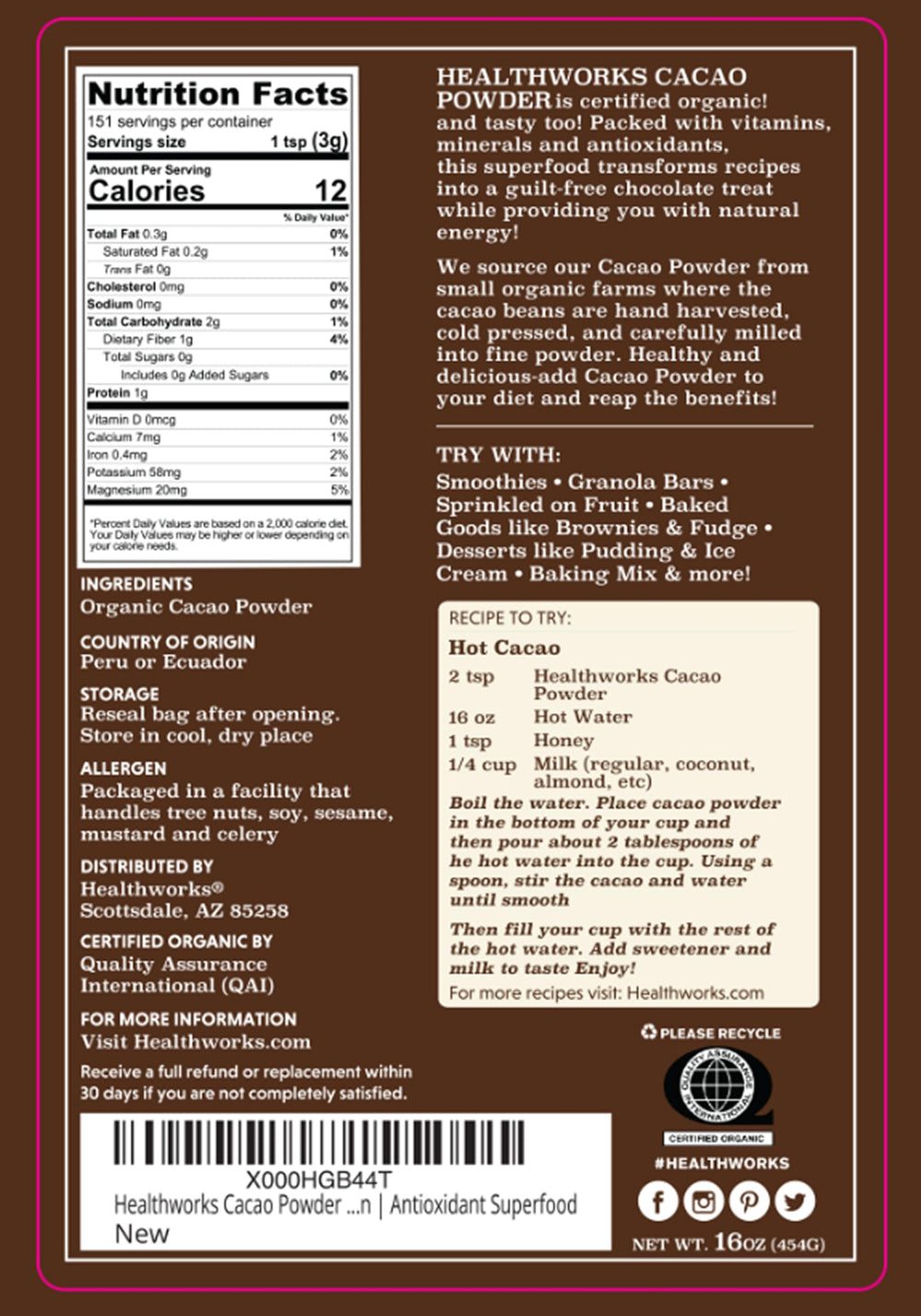Healthworks Superfoods cucharada con polvo de cacao, aporte de sabor intenso