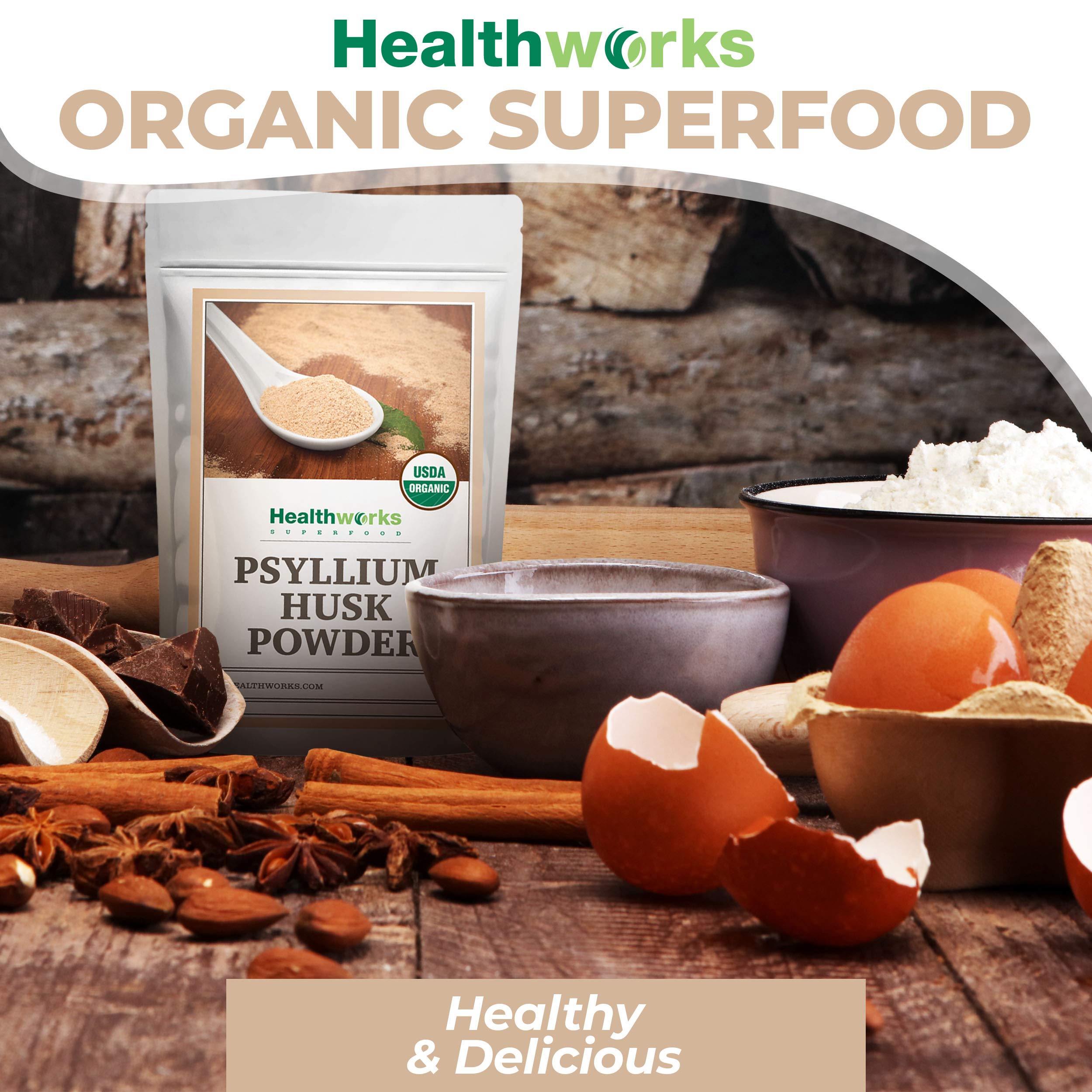Healthworks Superfoods etiqueta orgánica destacando origen sostenible y calidad