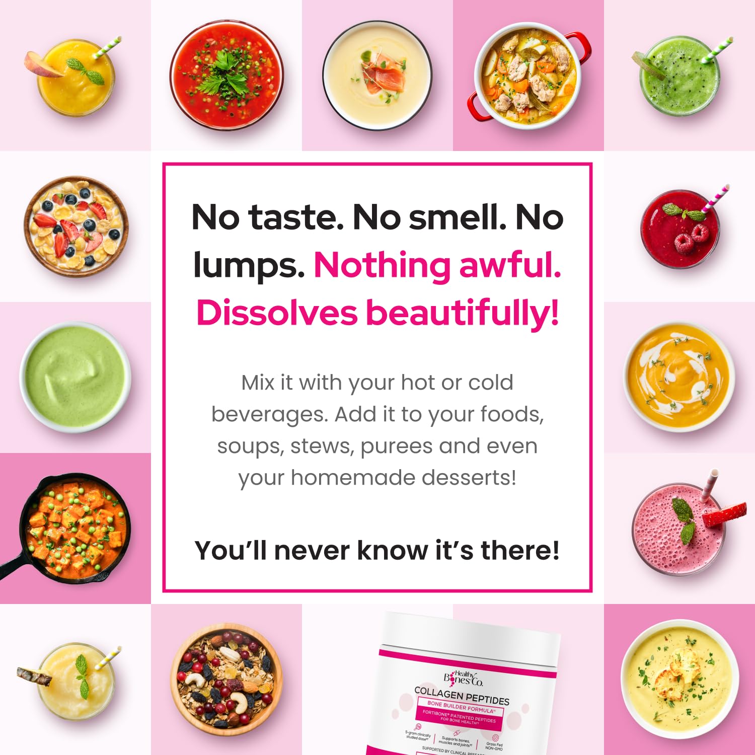 Healthy Bones Co envase en mano para mostrar escala y tamaño del producto