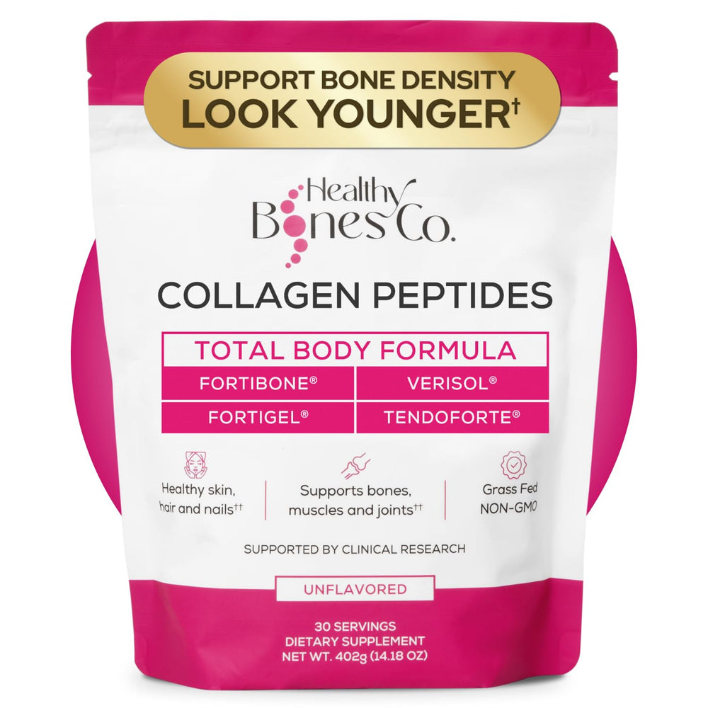 Healthy Bones Co. envase frontal mostrando péptidos y beneficios
