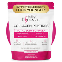 Healthy Bones Co. envase frontal mostrando péptidos y beneficios