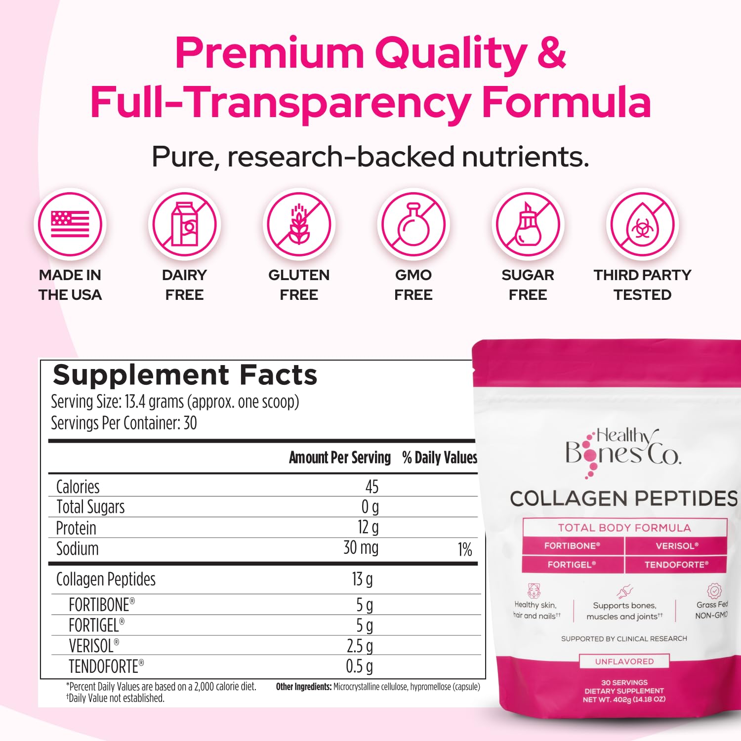 Healthy Bones Co. etiqueta con FORTIBONE, FORTIGEL y VERISOL detallados