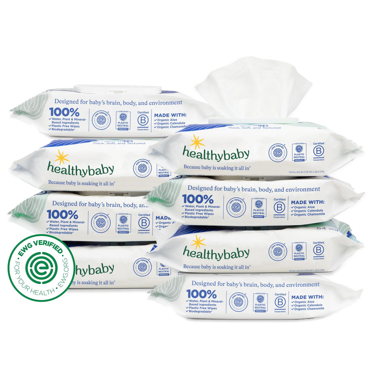 HealthyBaby frente del paquete mostrando cantidad y diseño, limpieza segura