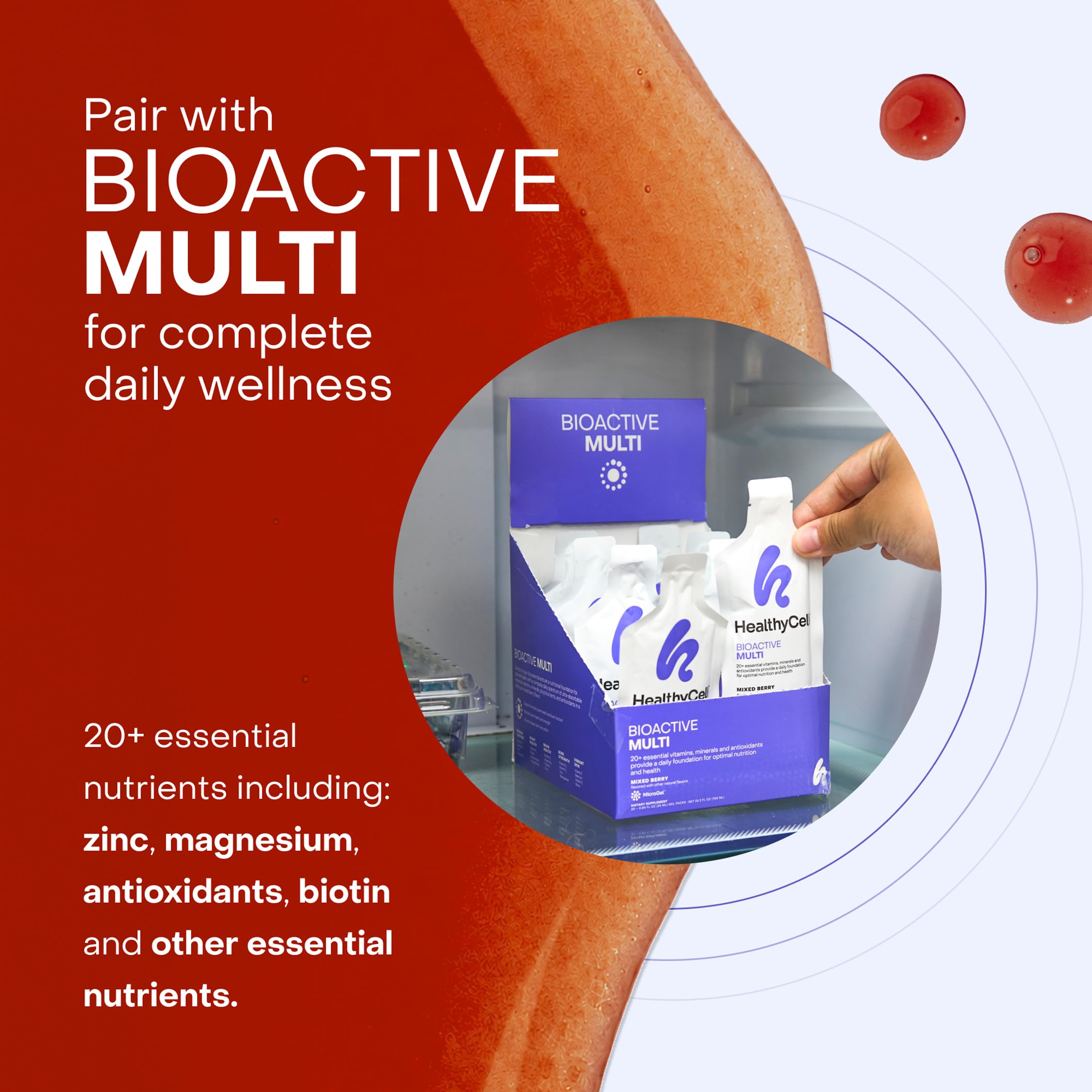 HealthyCell packs staged on kitchen counter showing everyday lifestyle use