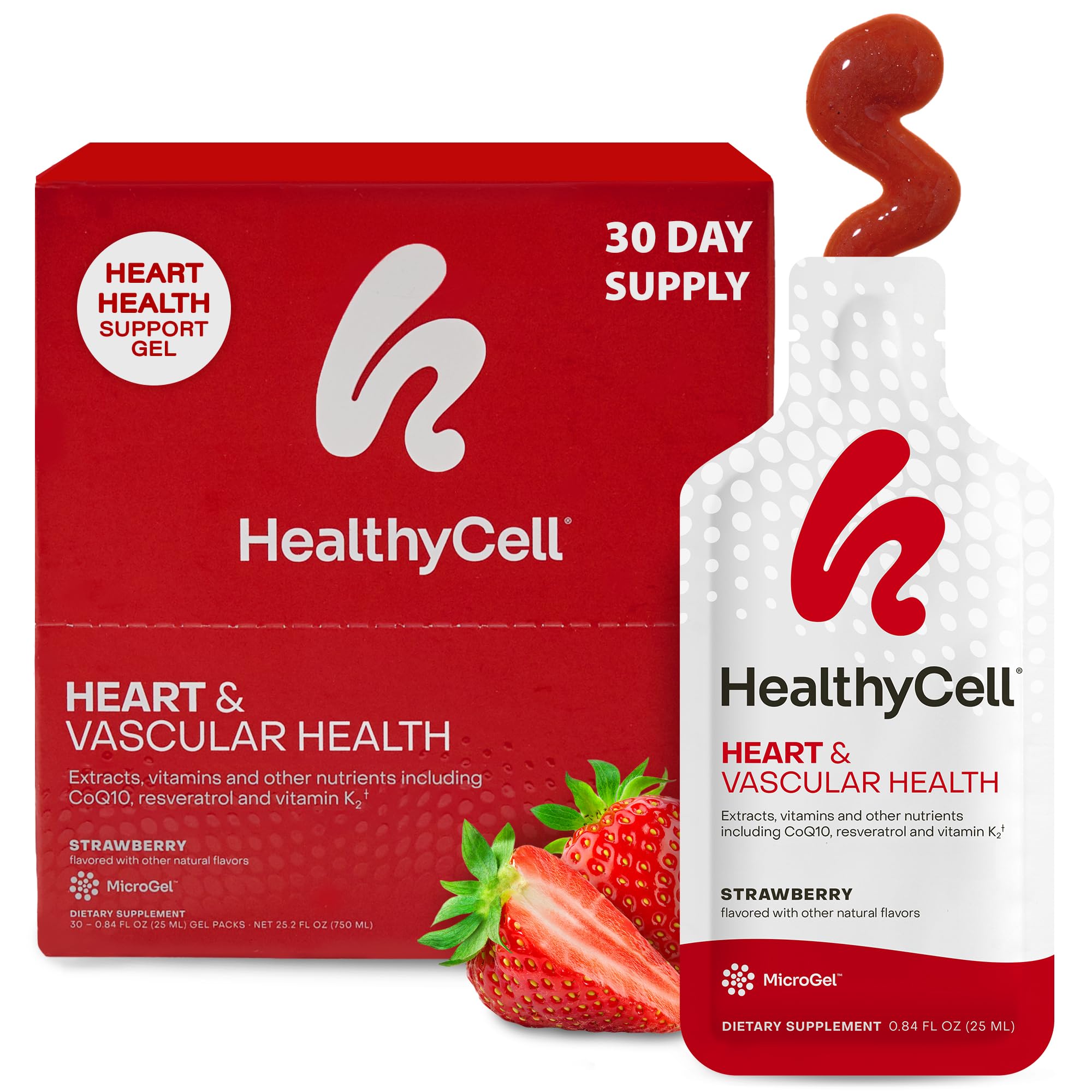 HealthyCell front packaging showing 30 strawberry MicroGel packs and benefits