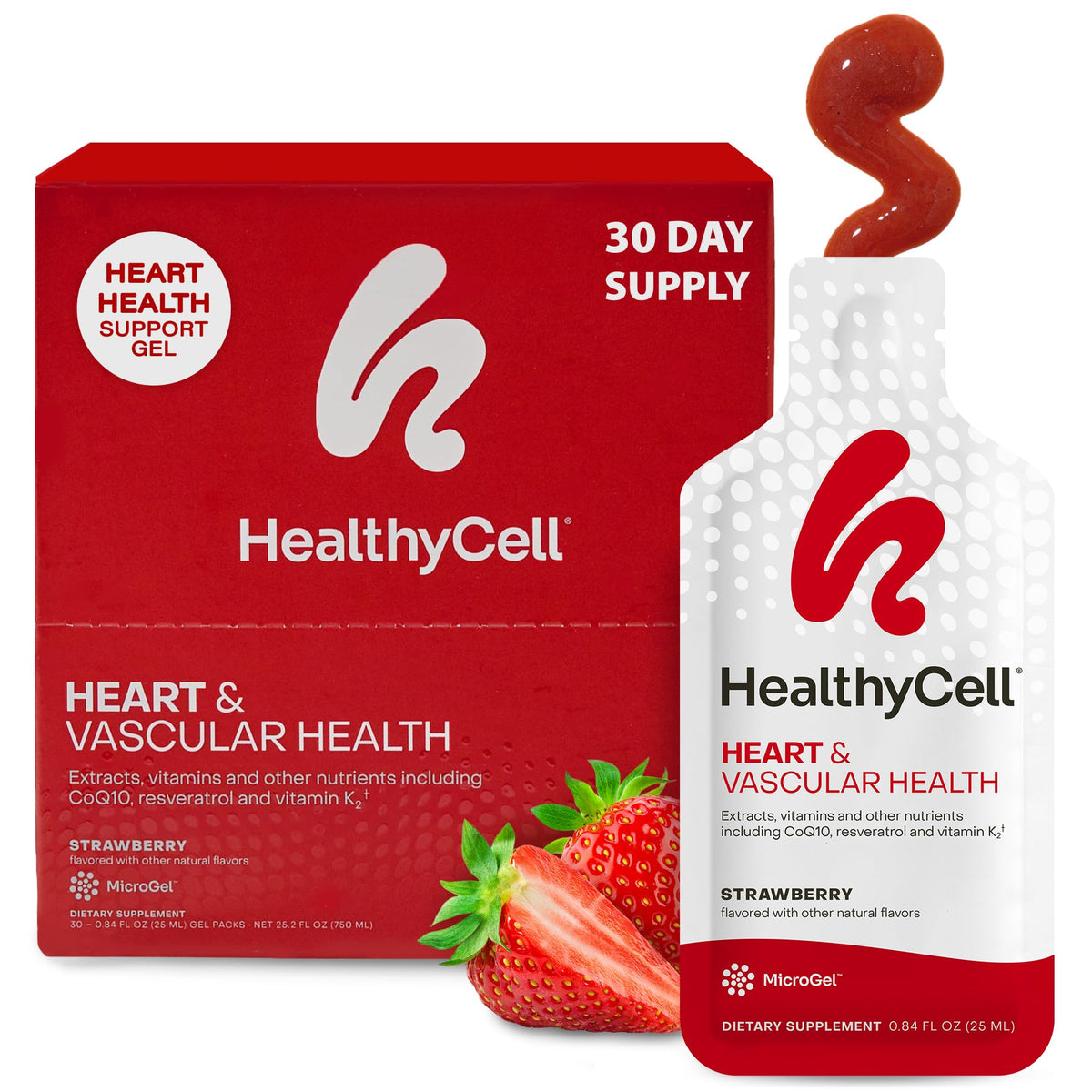 HealthyCell front packaging showing 30 strawberry MicroGel packs and benefits