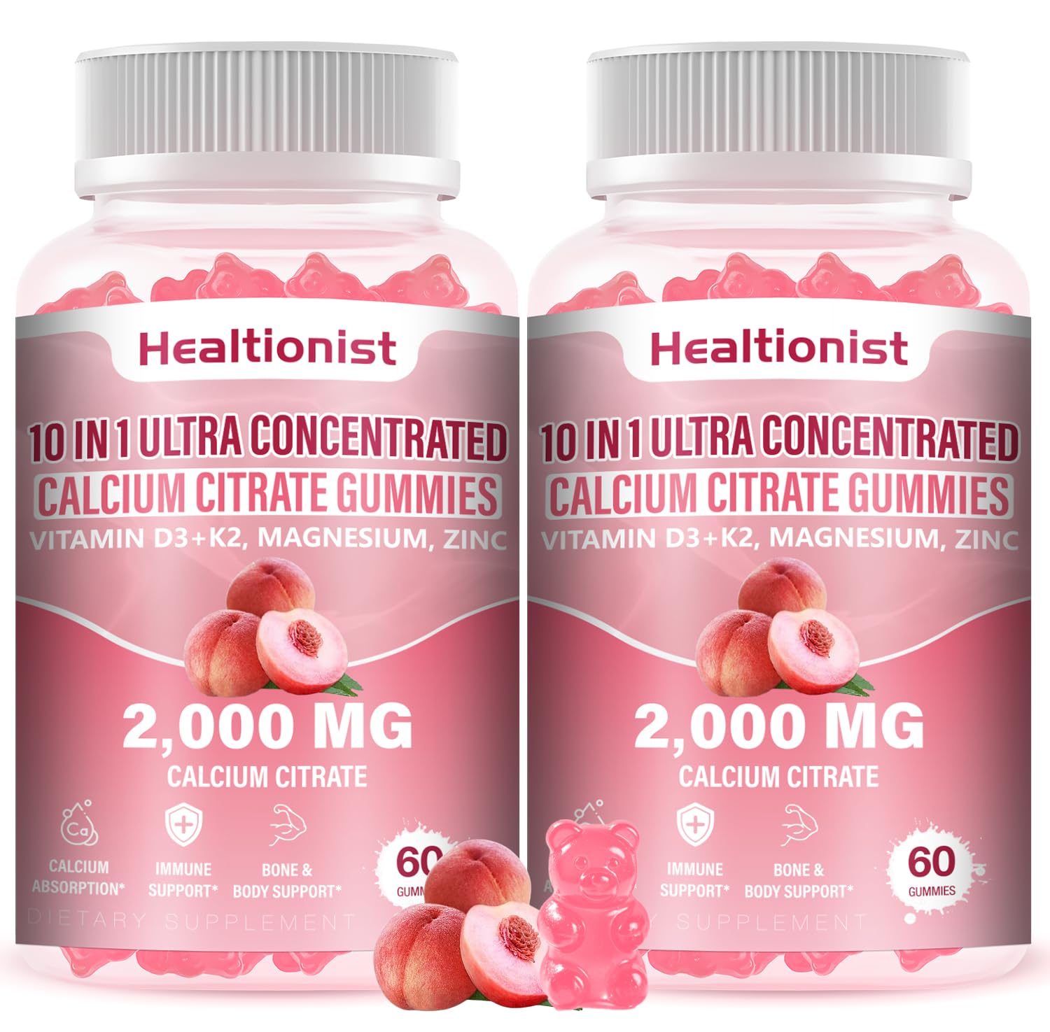 Healtionist envase frontal de gomitas melocotón mostrado con claridad y beneficio visual
