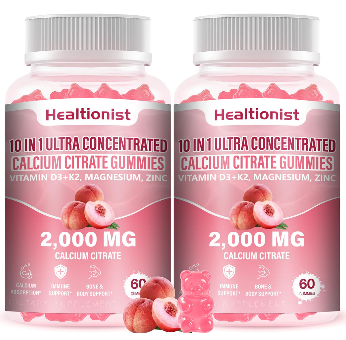 Healtionist envase frontal de gomitas melocotón mostrado con claridad y beneficio visual