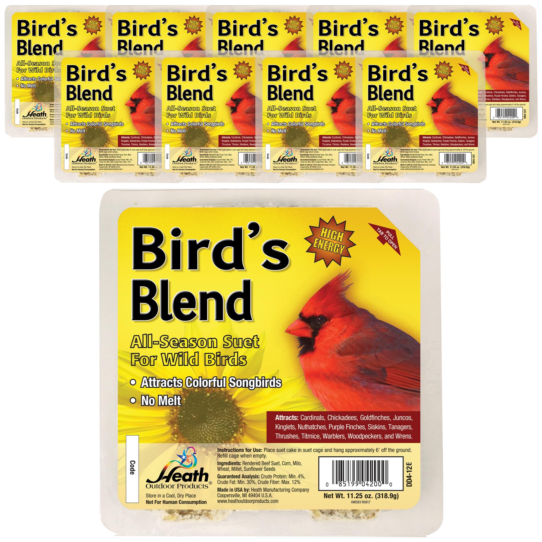 Heath Outdoor Products close-up of suet cake texture highlighting high-energy ingredients, entices birds