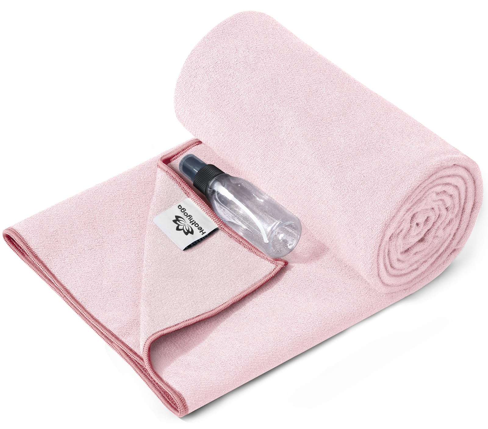 Heathyoga front view showing pink towel folded, clear brand and size benefits