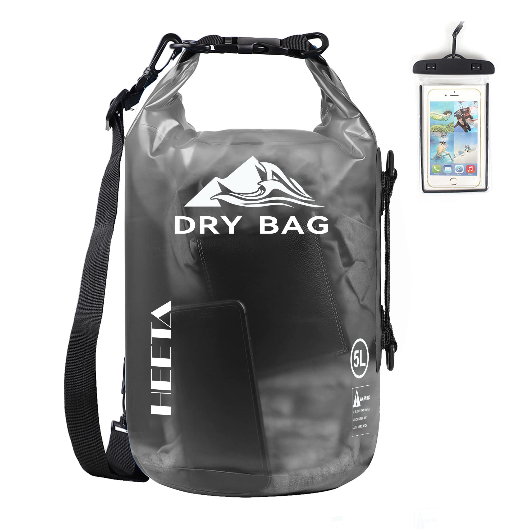 HEETA bolsa seca 10L vista frontal con cierre impermeable y diseño visible