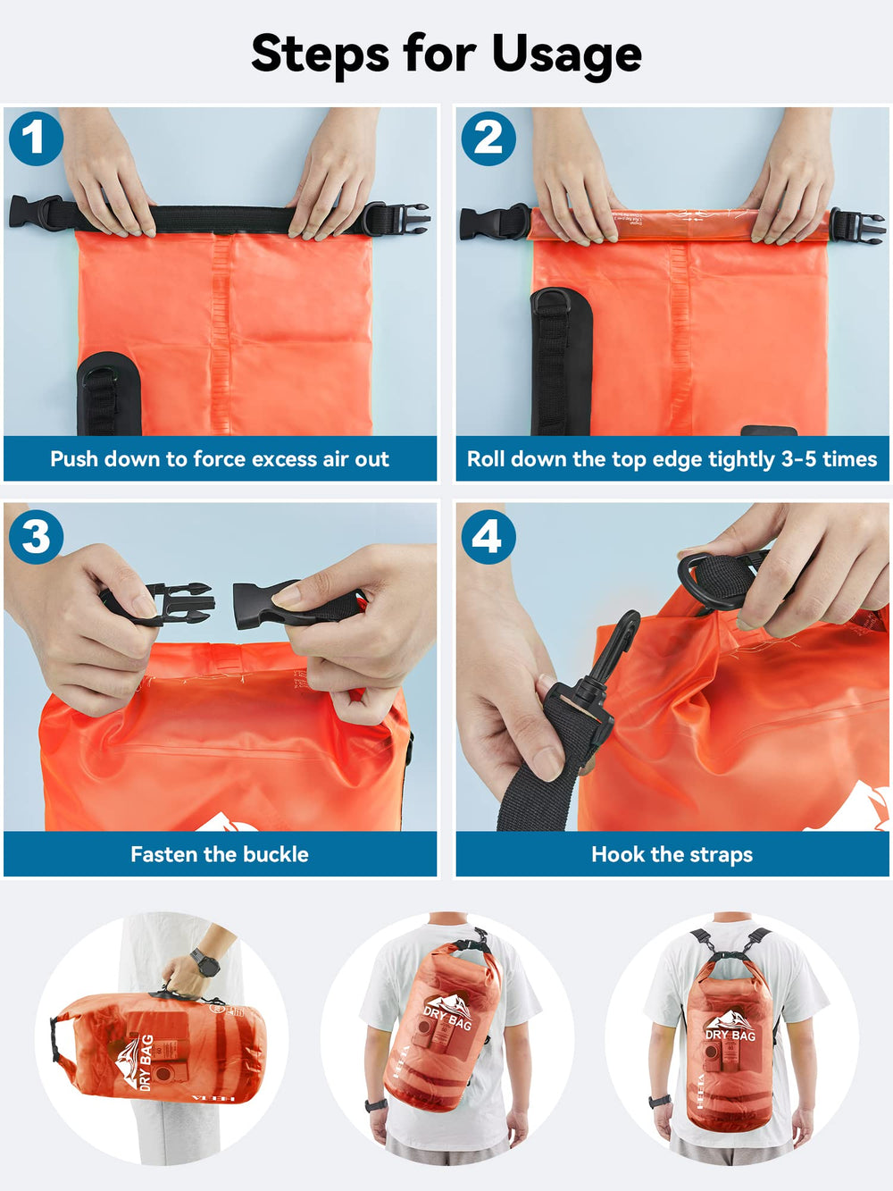 HEETA mochila en kayak en uso, mantiene objetos secos durante actividad acuática