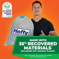 Hefty bolsa colocada en cesto alto demostrando capacidad 13 galones