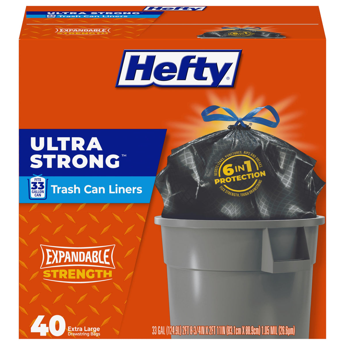 Hefty empaque frontal 33 galones mostrando cantidad y color para almacenamiento seguro